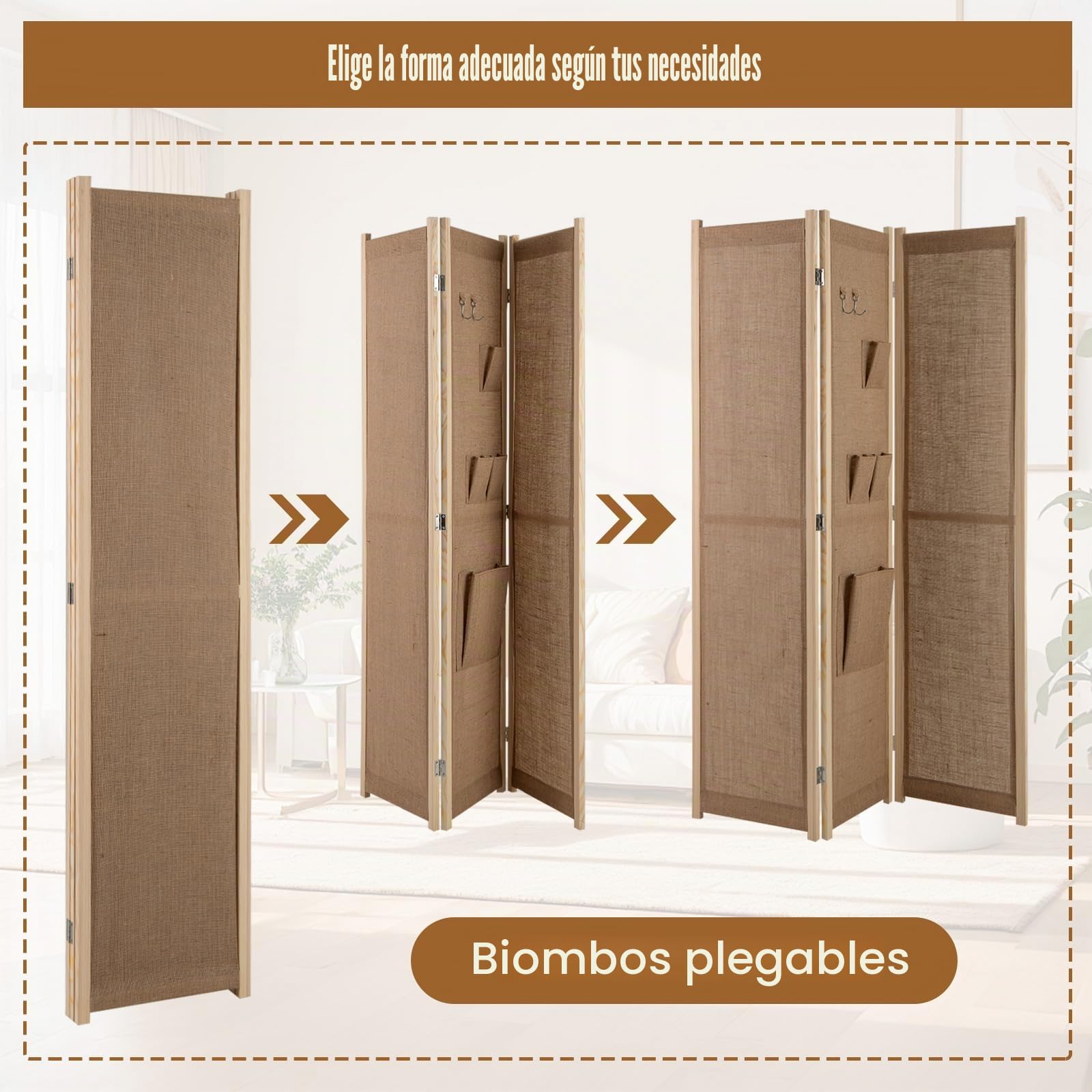 GIANTEX Biombo Plegable de 3 Paneles de Lino Sintético con Ganchos y Bolsillos de Almacenamiento, Separador de Privacidad 121 x 170 cm, Divisor de Habitación para Dormitorio, Salón | Separador de ambientes con ganchos y alfombrilla antideslizante para sal