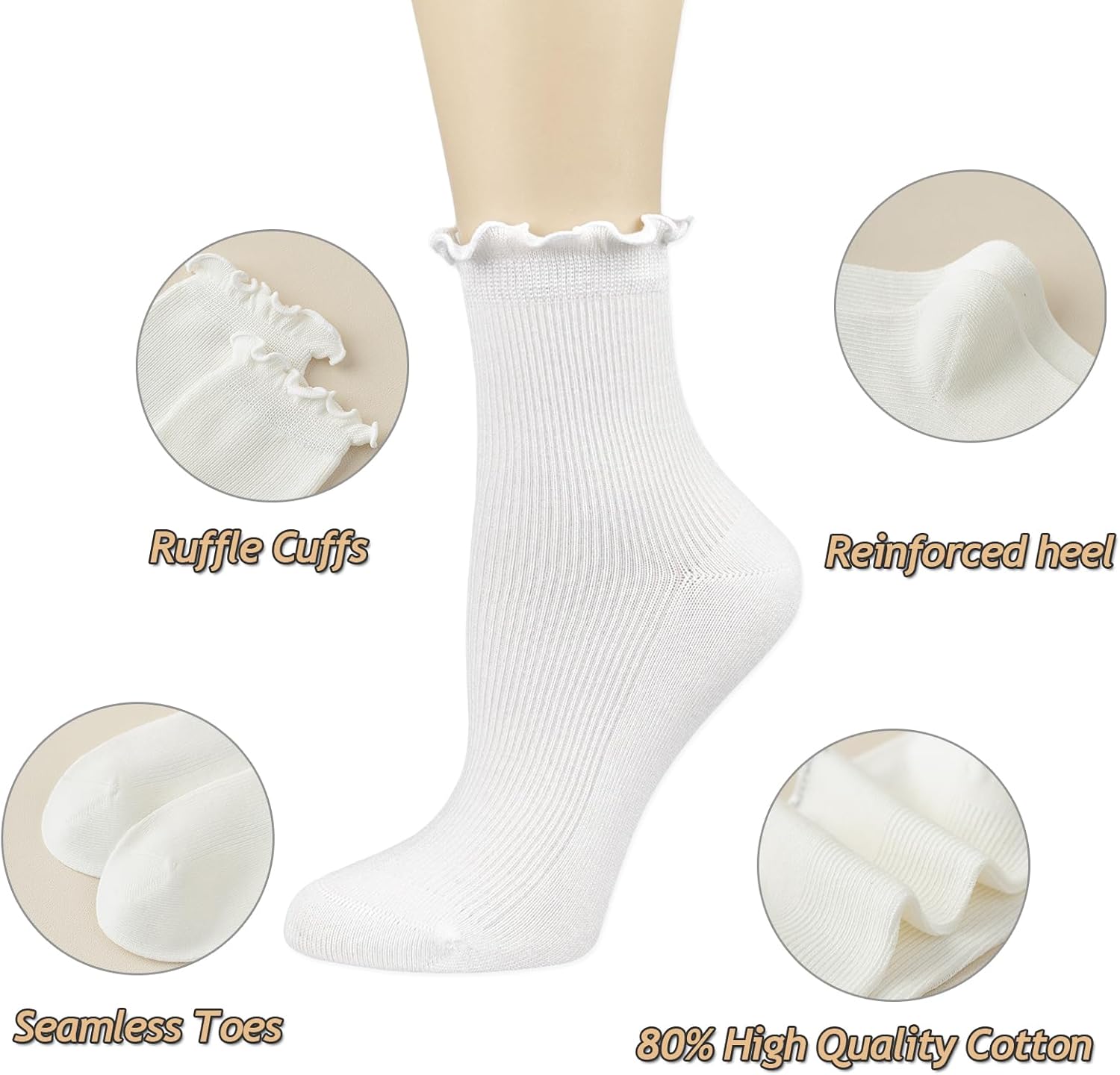 Mcool Mary Womens Crew Socks Ruffle White Casual Cotton Frilly Breathable Cute Knit Lettuce Trim Ankle Socks 6 Pack - Image 8