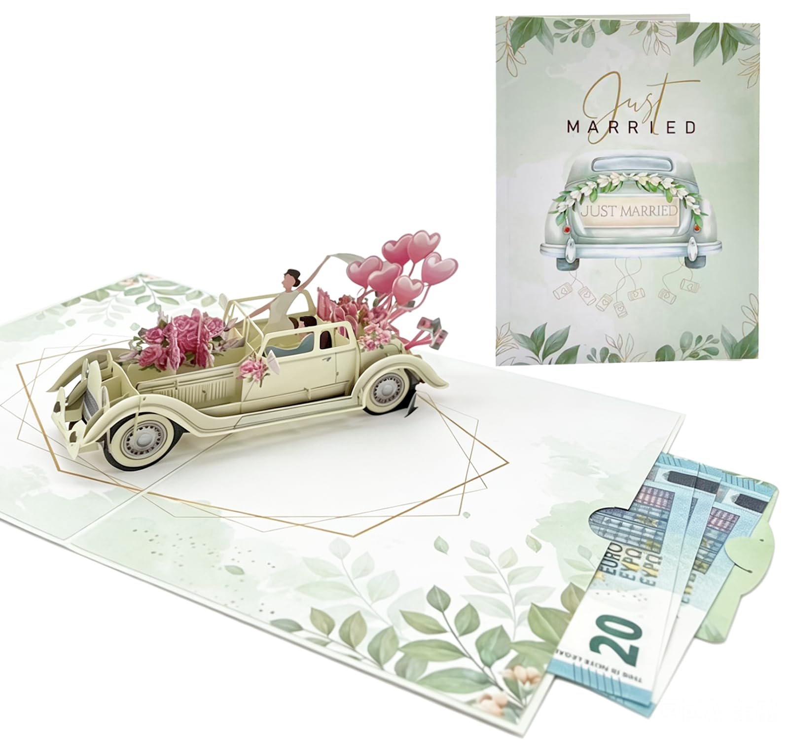 Pop Up Wedding Card, Just Married 3D Card for Bride and Groom, Vintage Car with Floral Watercolor Cover, Greeting Card Anniversary Cards with Envelope for Engagement, Cash Giftcard for Weddings