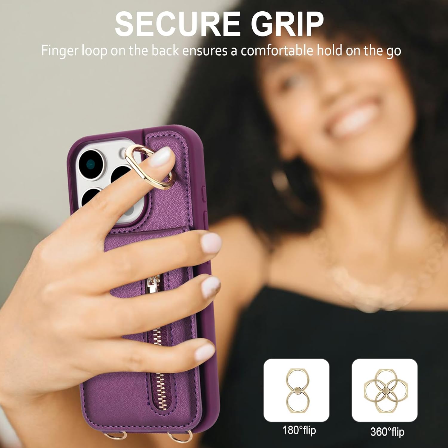 Crossbody Wallet Case for iPhone 16 Pro, with Card Slots Zipper Pocket Case, Flip Folio Purse RFID Blocking with Ring Kickstand Detachable Strap-Lavender - Image 8