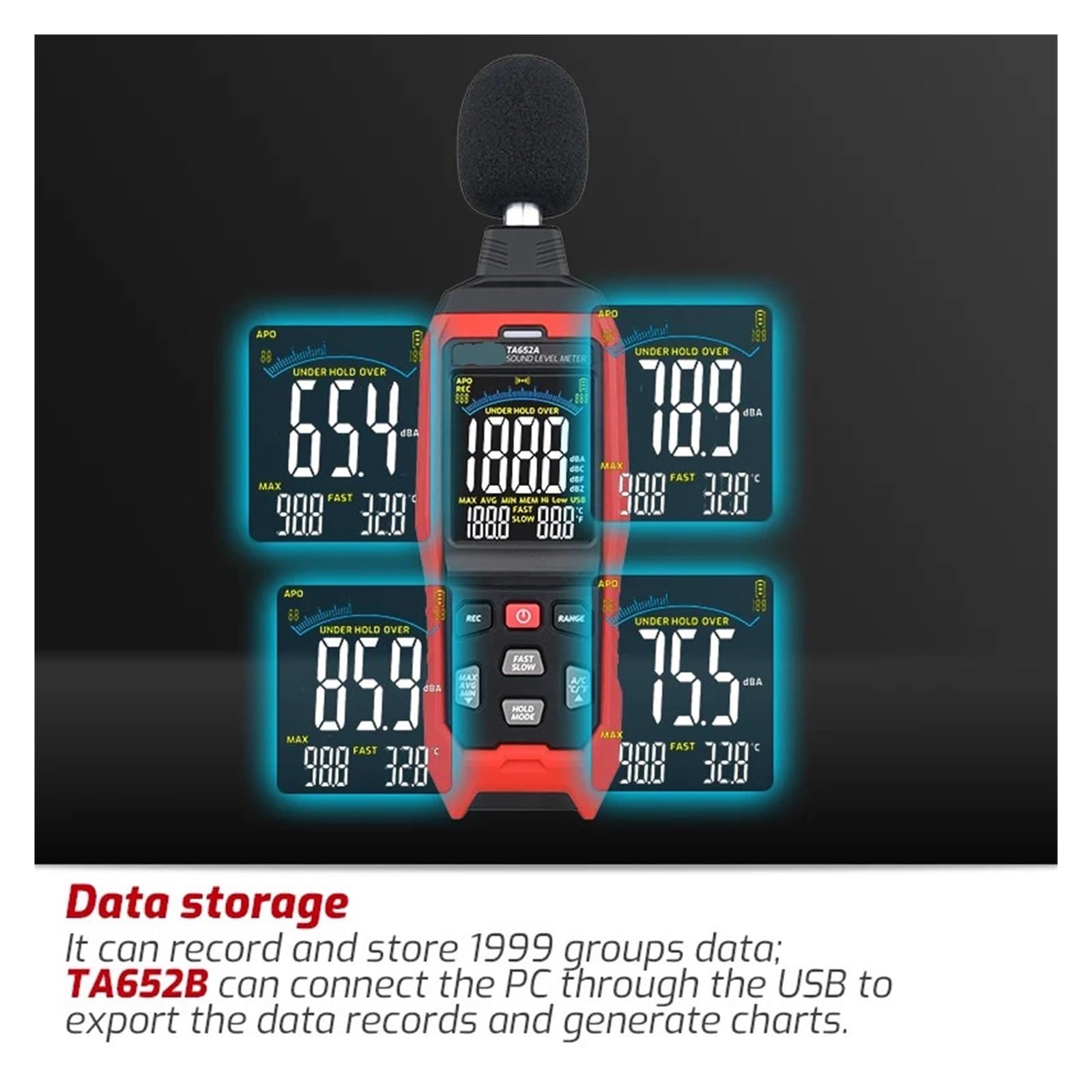 TA652A TA652B 30~130dB Rumore Decibel Rumore Tester Rilevatore di Volume Industriale Fonometro Digitale Registratore (Ta652b Trasferimento USB)
