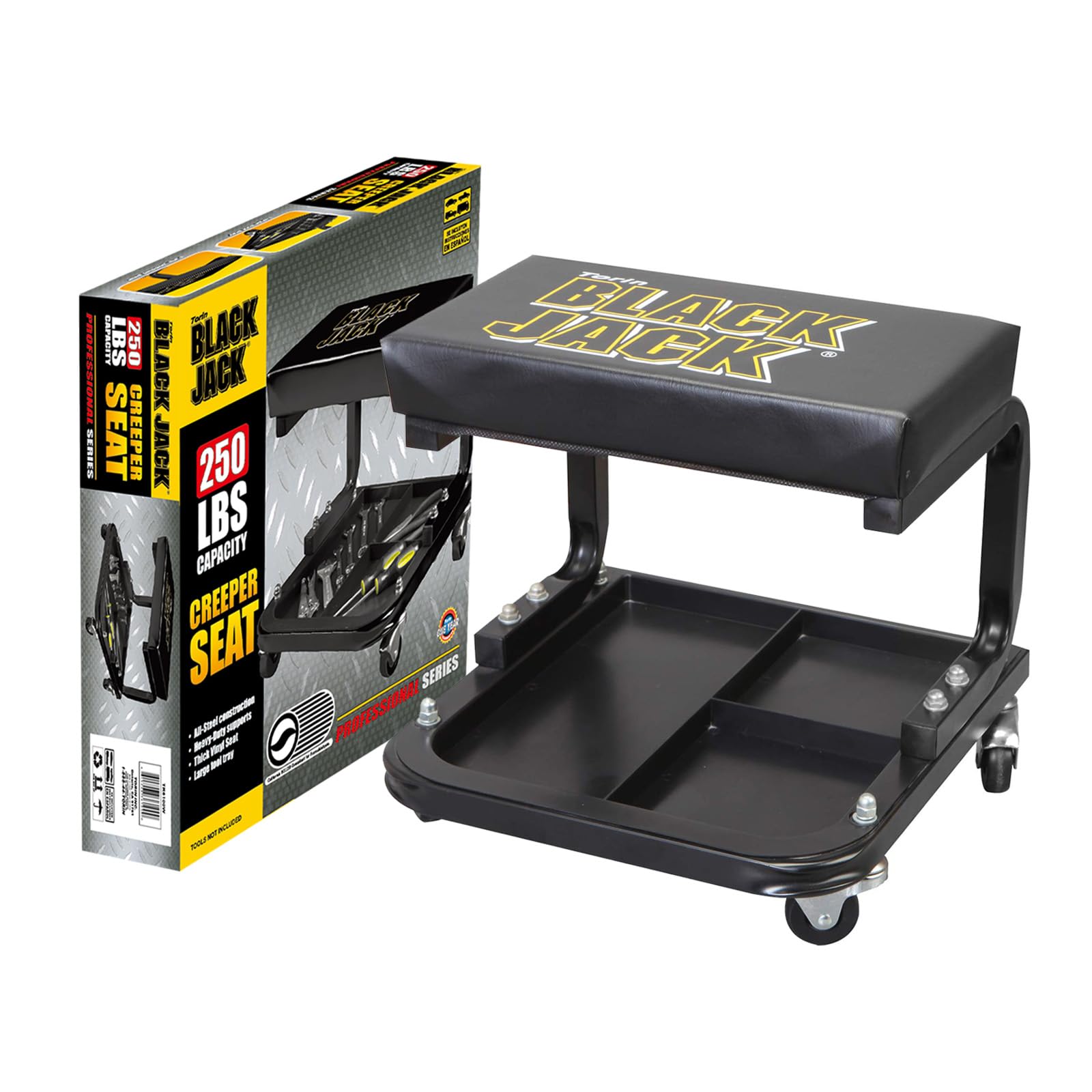 Torin ATR7211 Blackjack Rolling Creeper Garage/Shop Seat: Padded Mechanic Stool with Tool Tray Storage, Black, Large