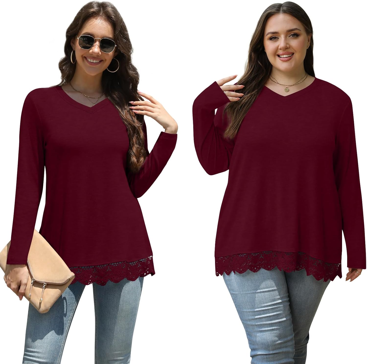 Netsmile Women's Tops Fall Long Sleeve Tunics Loose Dressy Casual Shirts Lace Hem Sweatshirt for Leggings - Image 4