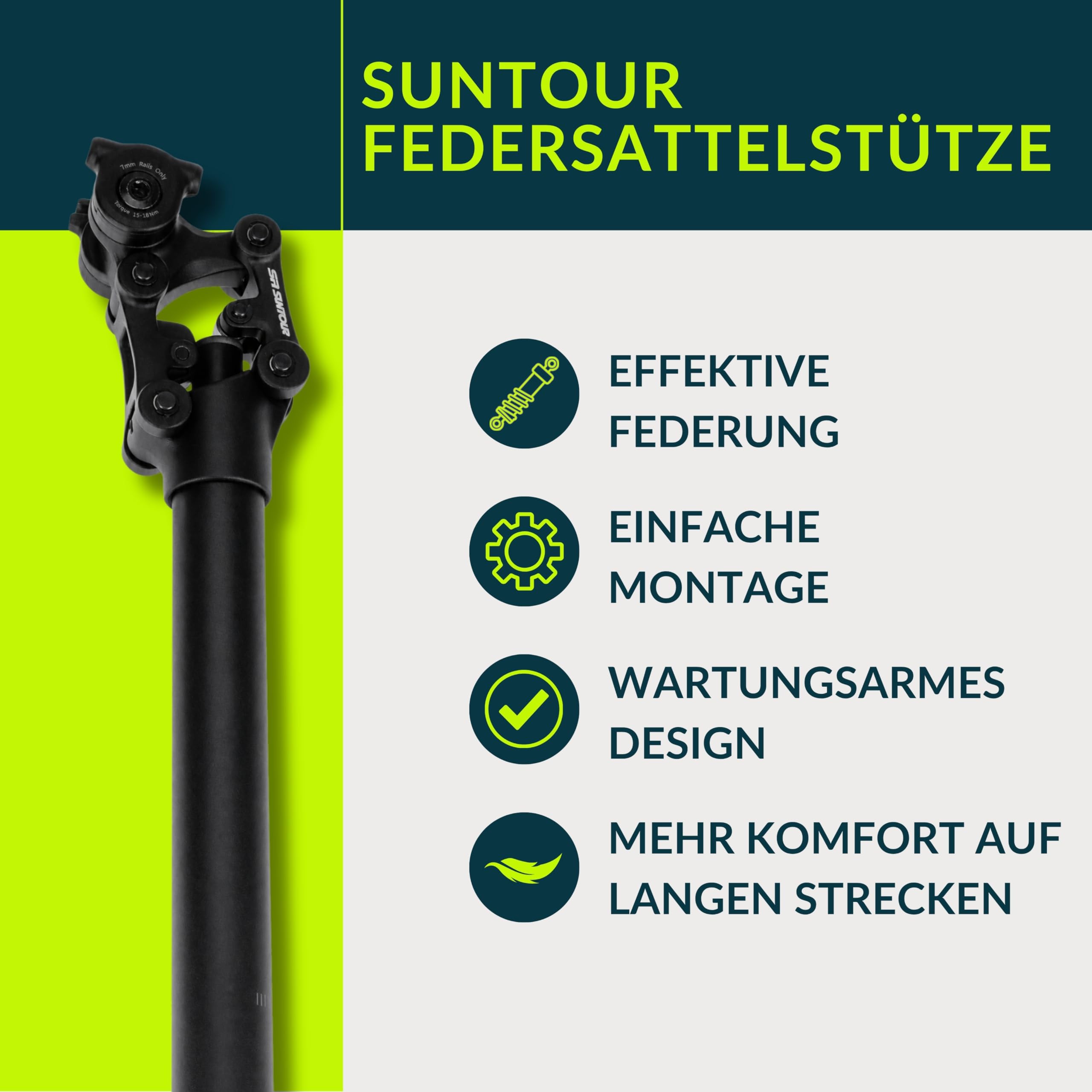 Suntour SP26-NVX Parallelogramm-Federsattelstütze, gefederte Aluminium Sattelstütze, schwarz, stoßdämpfend, perfekt für Trekking, City (Ø 31,6 mm x 400 mm, Hard Spring (90-120 kg Fahrergewicht))