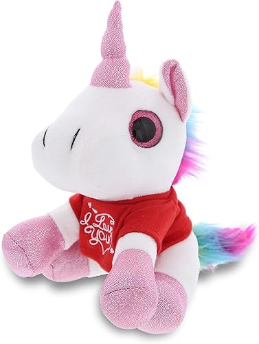 DolliBu I Love You - Unicornio blanco de peluche de San Valentín, lindo animal de peluche con camisa roja y nombre, regalo personalizado para el día