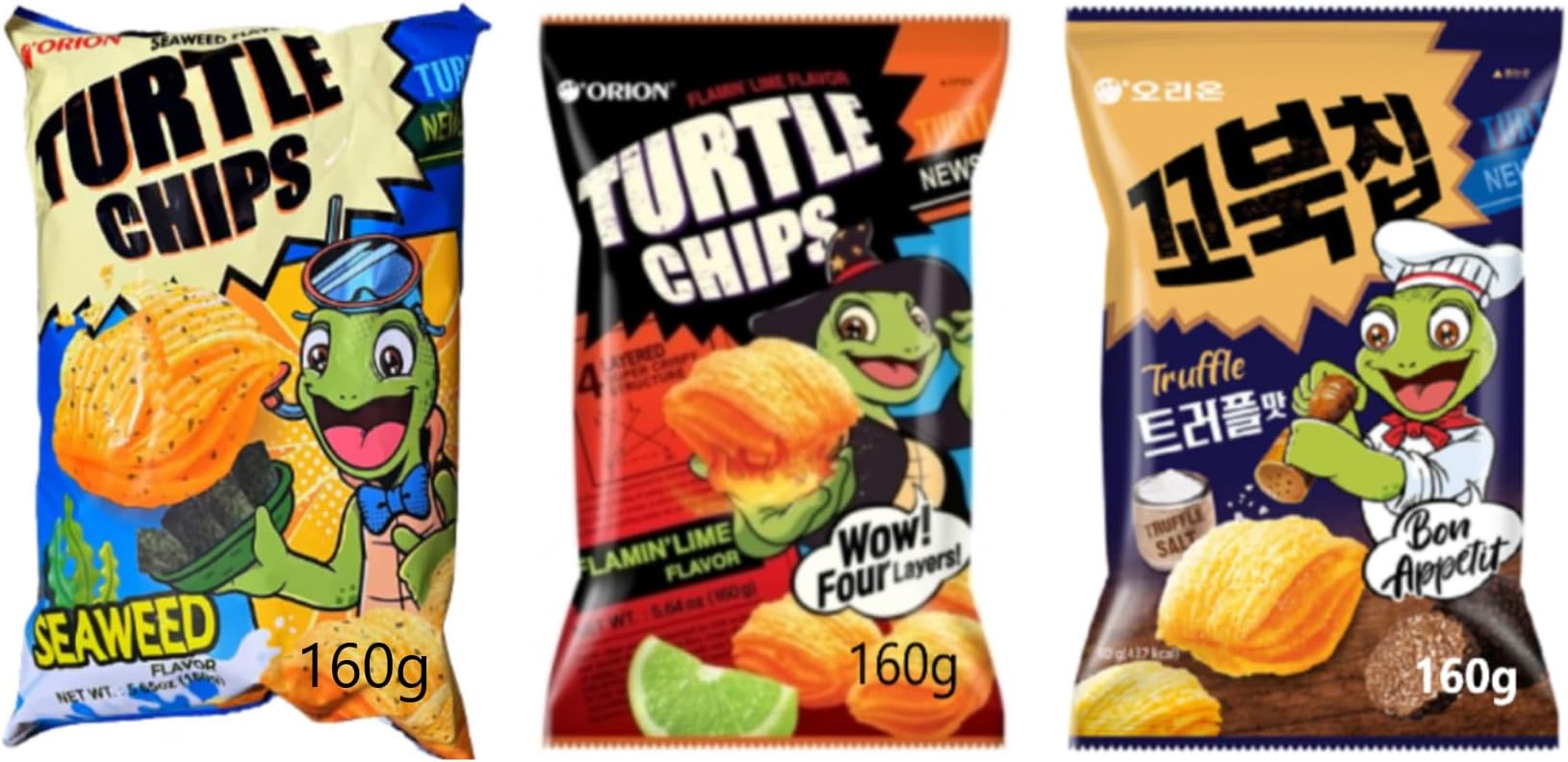 Orion Turtle Chip Spicy Flavors Combination/Netflix Movie Night K-Snack Party Sets / 2024 New Flavors (Seaweed+Truffle Salt+Flamin)