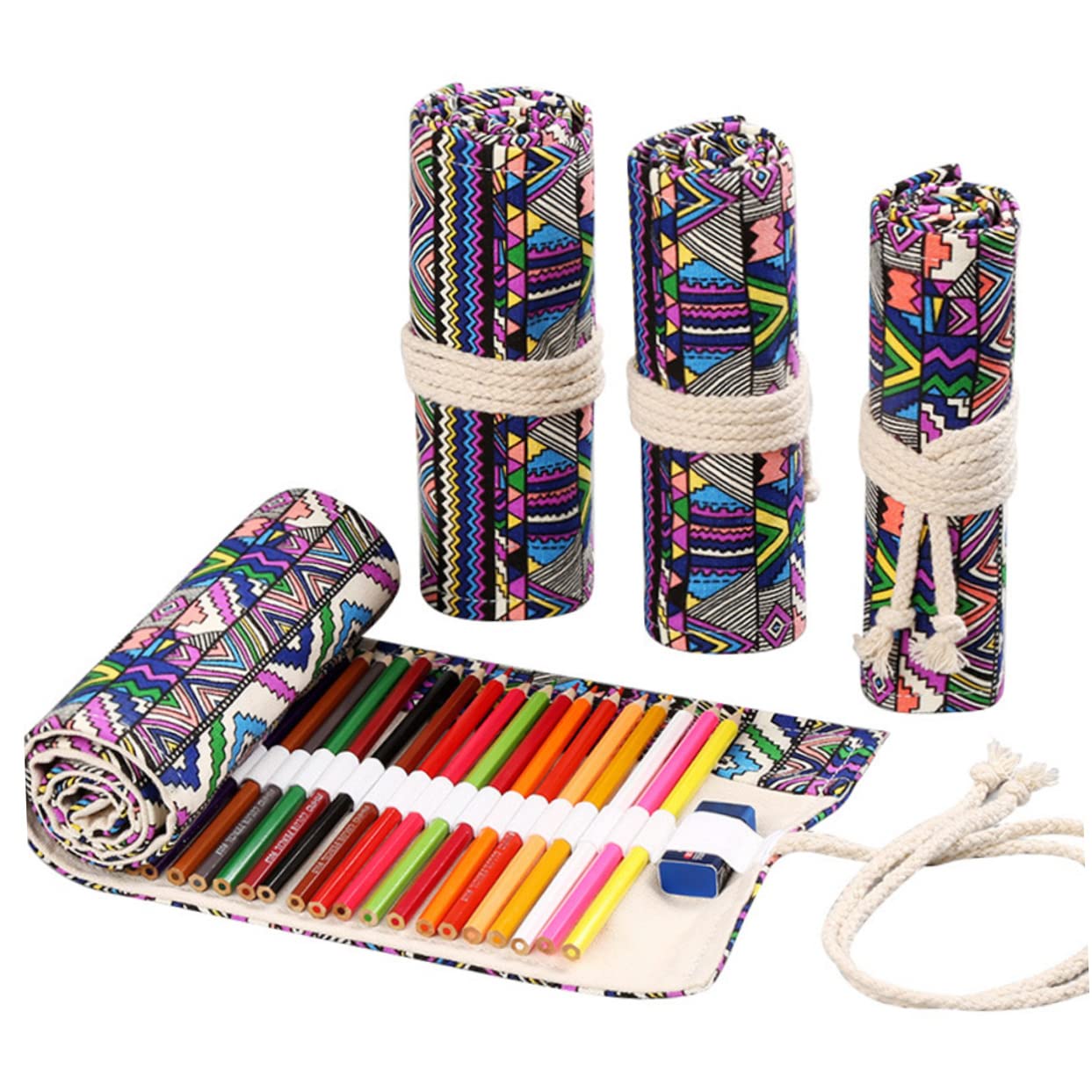 STOBOK 3piezas Estuche Portátil De Lápices De Estilo Bolsa De Canvas Hecha Mano Organizador Capacidad para Lápices para Dibujantes y Artistas Diseño Enrollable Cierre