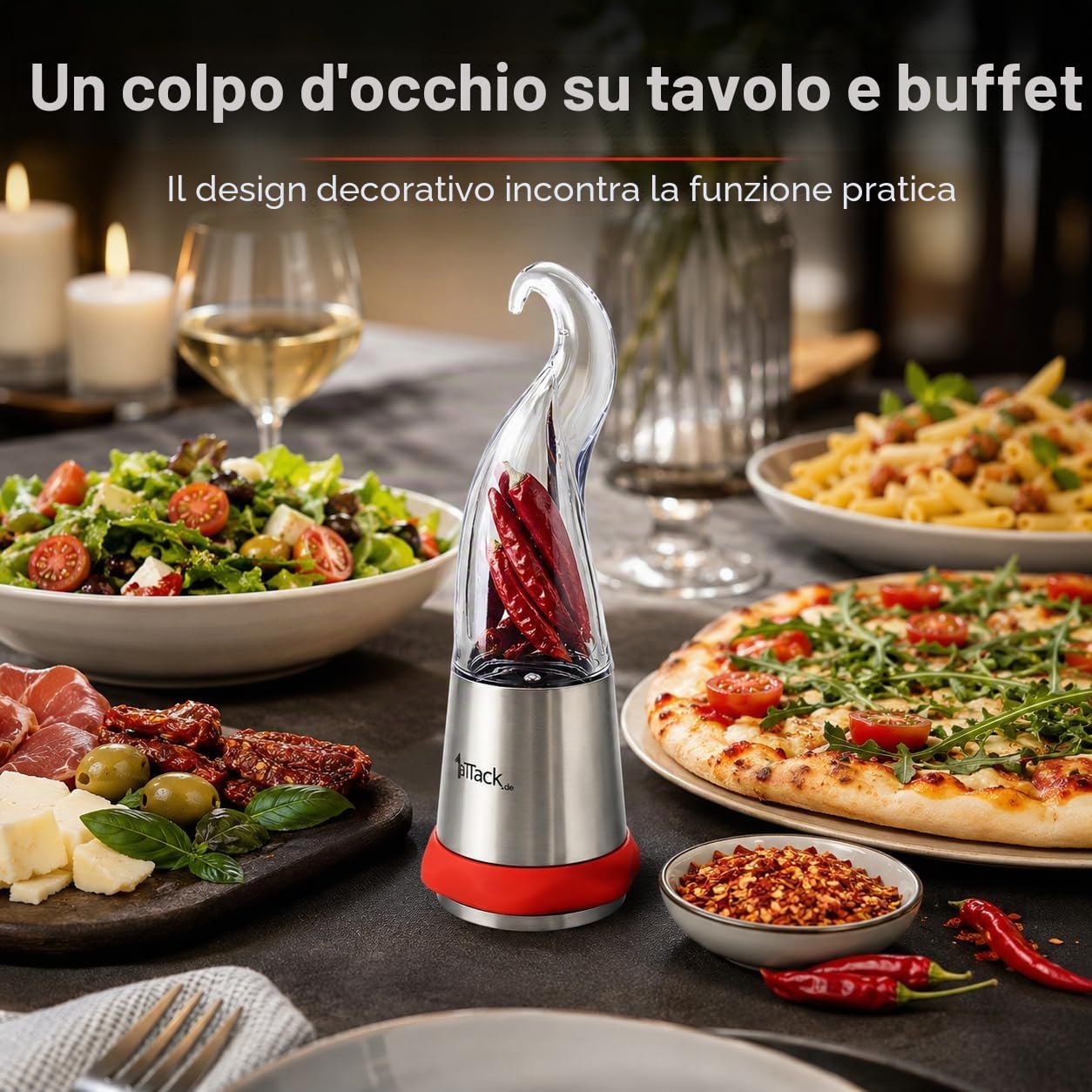 1aTTack.de Macinino per Peperoncino e Spezie, per Fiocchi e Peperoncini Secchi, Macinaspezie Originale a Forma di Peperoncino per Cucina e Tavola, 80 ml