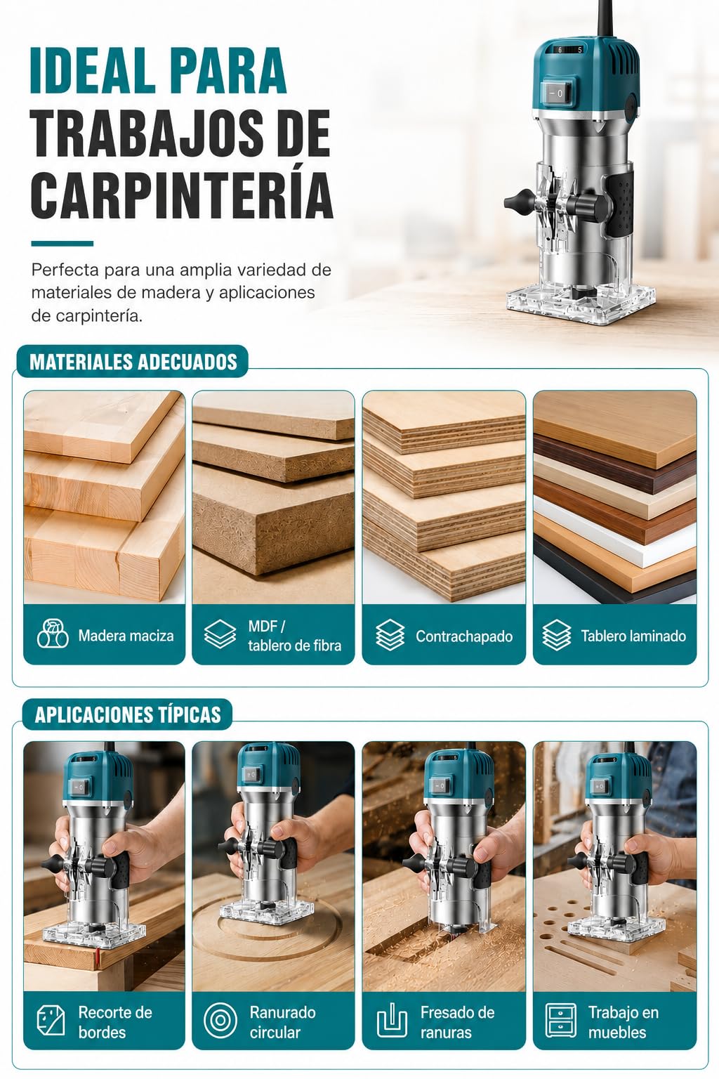 VOBOR Fresadora de Madera Rebajadora Eléctrica, 800W 30000 RPM Fresadora de Mano con 6 Velocidades Variables, 15 piezas 1/4'' Alicates, Pinza De Base Fija De 6/6.35MM
