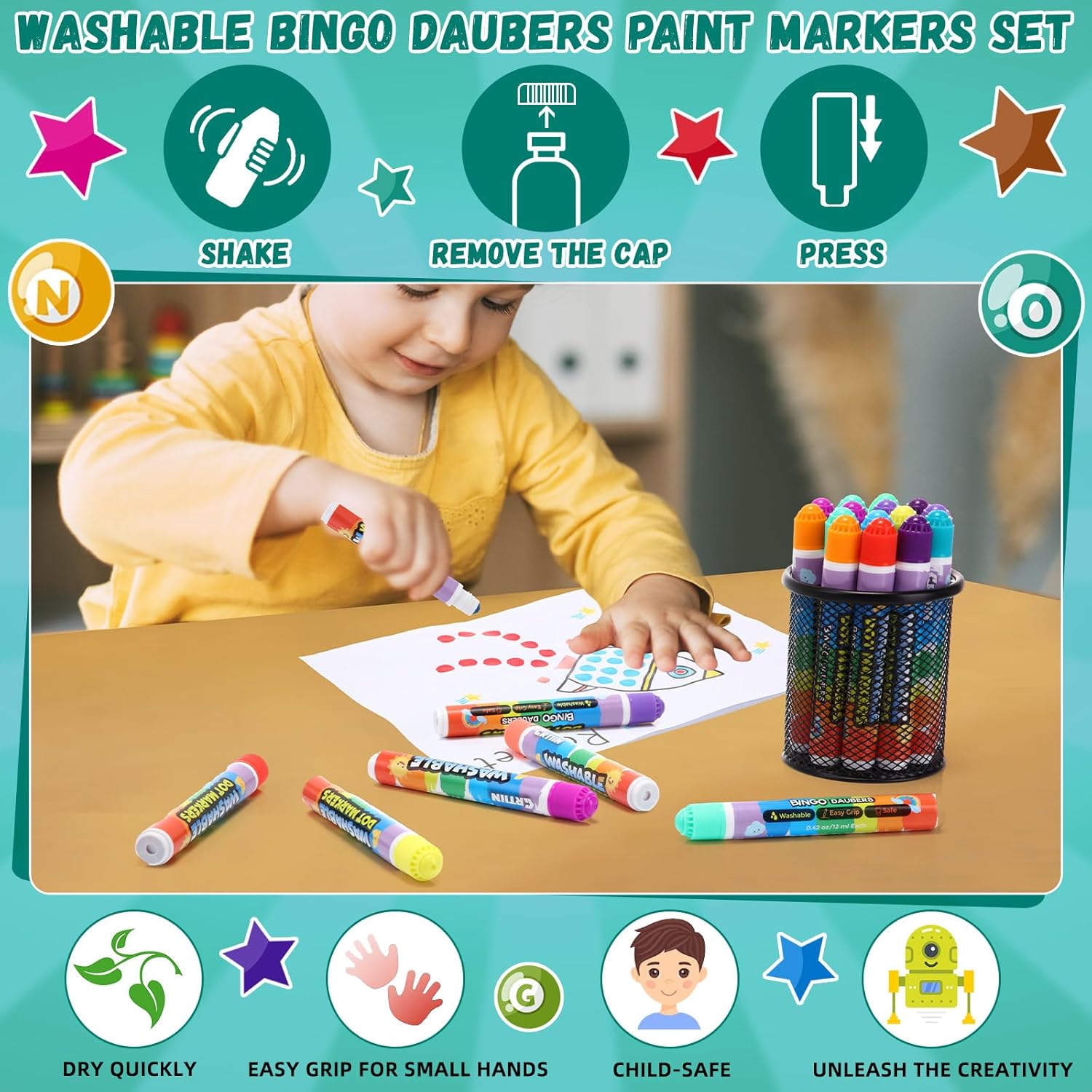 Crtiin 72 Pack Dot Markers Bulk, 12 Colors Washable Dot Markers for Toddlers Art, Children Painting Crafts, Bingo Daubers Supplies for Kids Preschool Children, Non Toxic Water-based Bingo Daubers