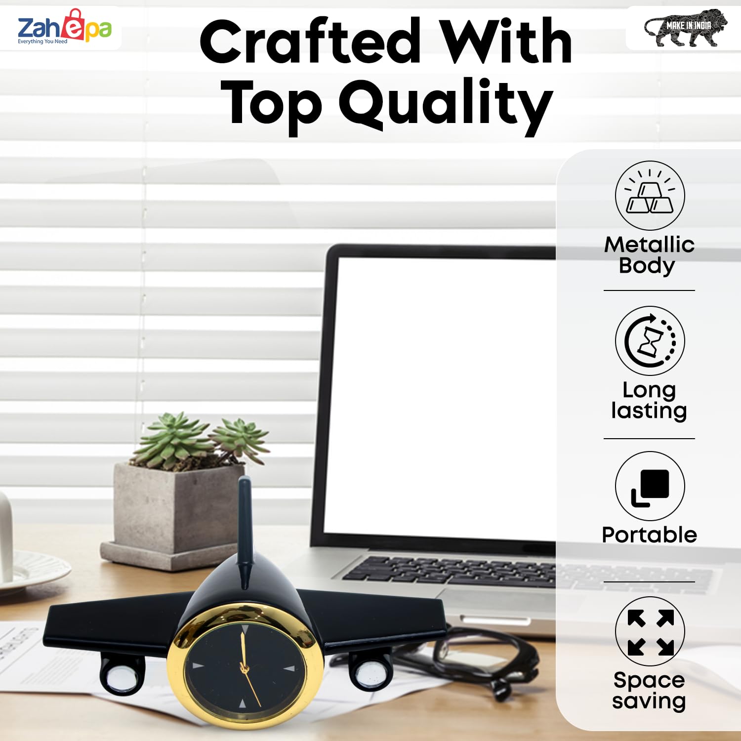 ZAHEPA Metal Aeroplane Miniature Analog Table Clock | Retro Aircraft Model Desk Watch for Office & Study Table | Stylish Home Decor Gift for Living Room | Corporate Gifting Idea (Black) 2