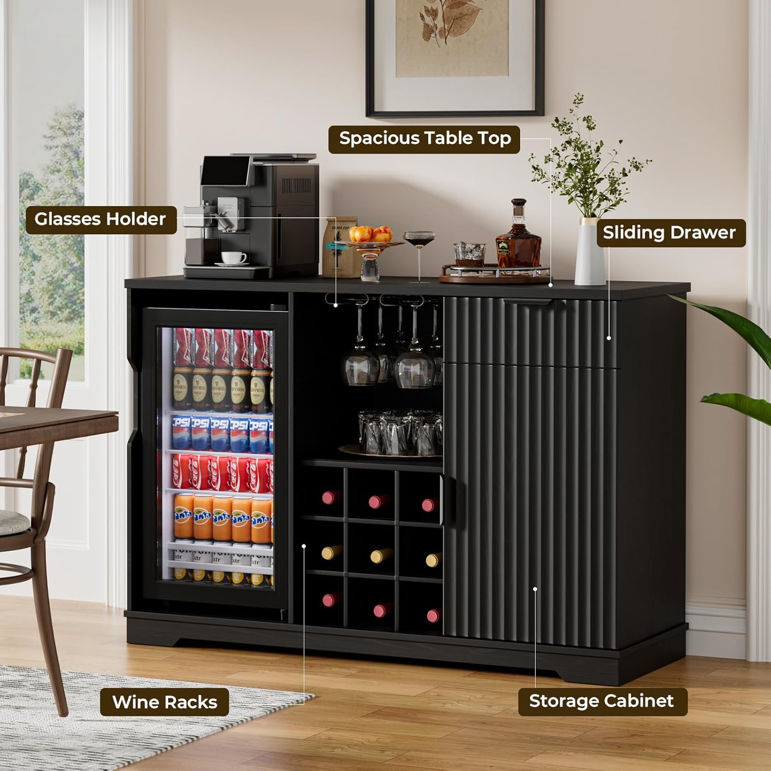 Coffee Bar Cabinet with Fridge (Fridge Included), Fluted Wine Bar Cabinet with Wine Rack and Glass Holder, Buffet Sideboard Table Liquor Cabinet with Drawer & Storage, Home Bar, Black