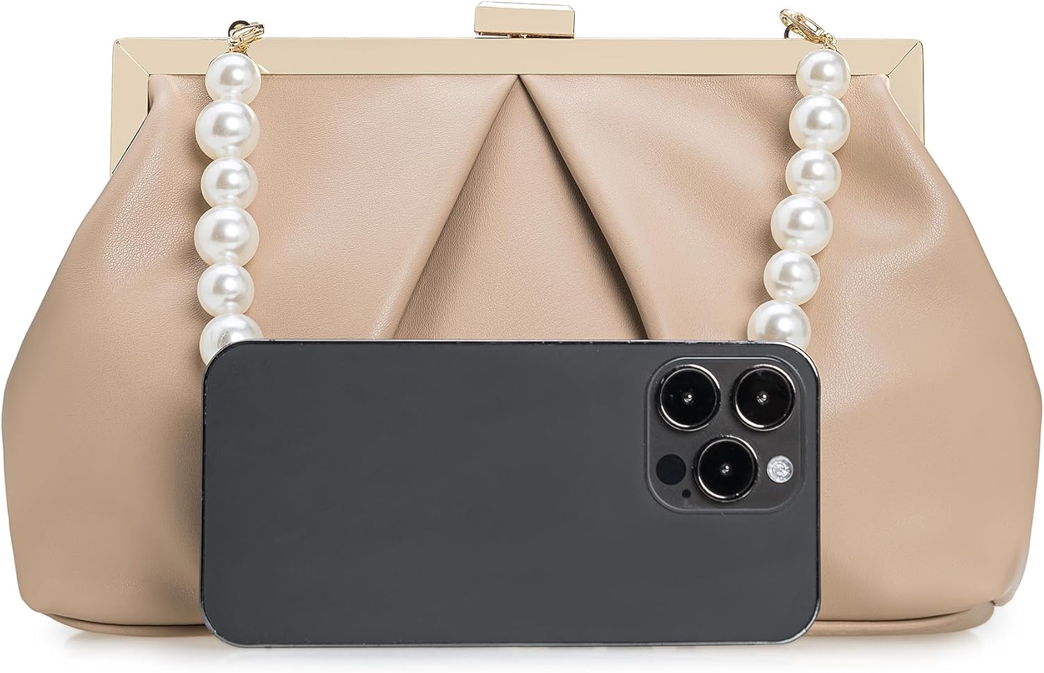 CHARMING TAILOR Faux Leather Clutch Purse Ruched PU Metal Frame Formal Evening Bag with Pearl Starp - Image 3