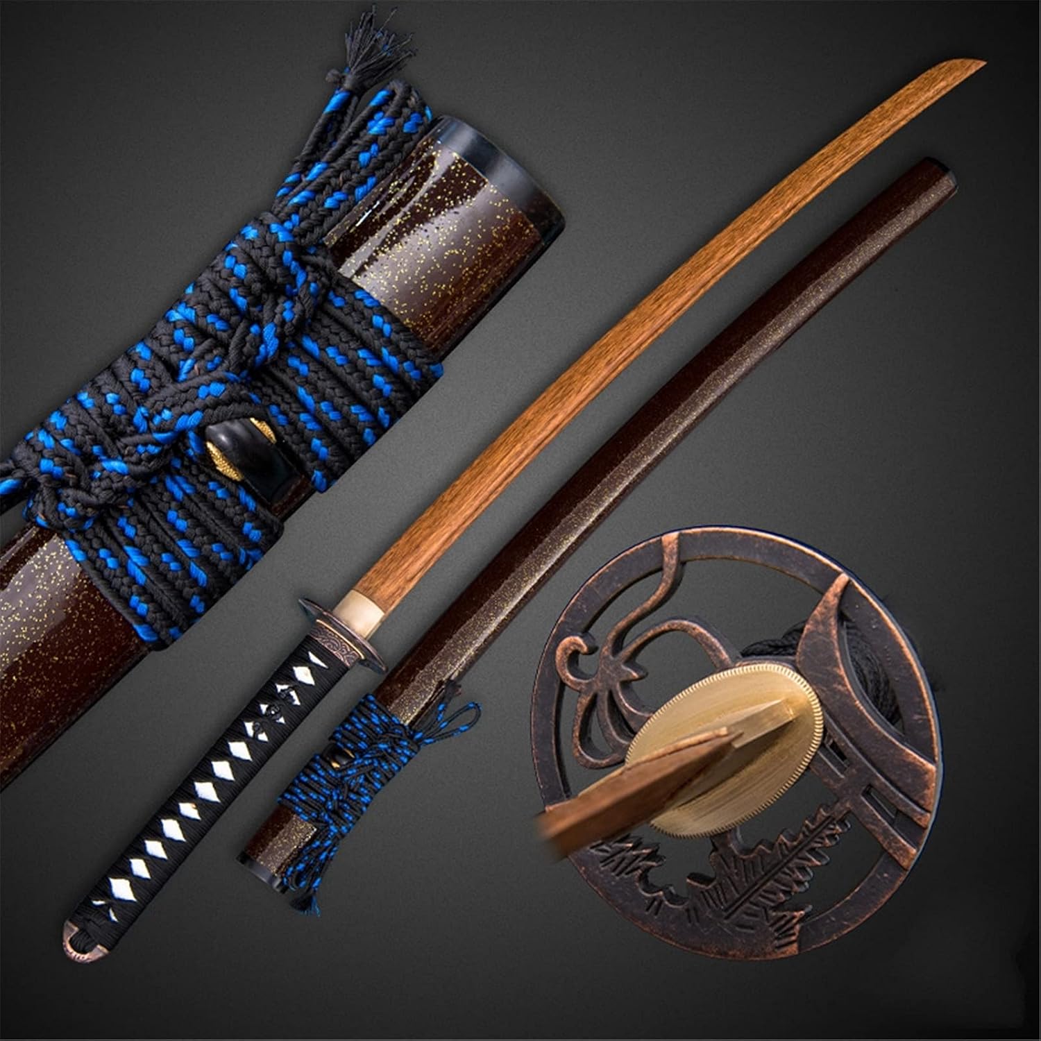 Wooden Katana with Sheath, 103cm Handmade Bokken, Wenge Wood Samurai