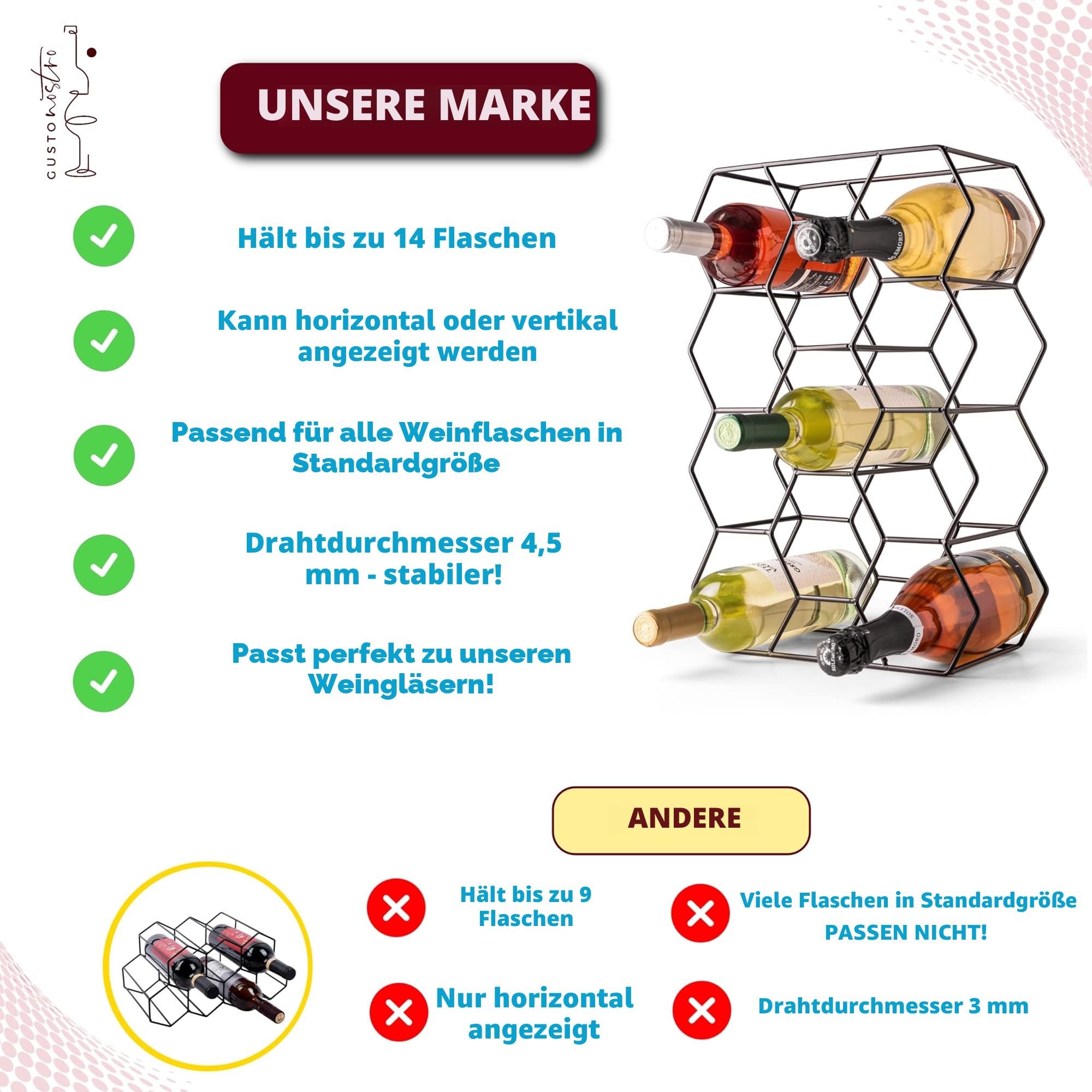 Gusto Nostro Weinregal für den Tisch - Modernes Schwarzes Metall-Weinregal für 14 Flaschen - 3-Stufiges Flaschenregal für Tisch, Schrank & Speisekammer - Keine Montage Erforderlich