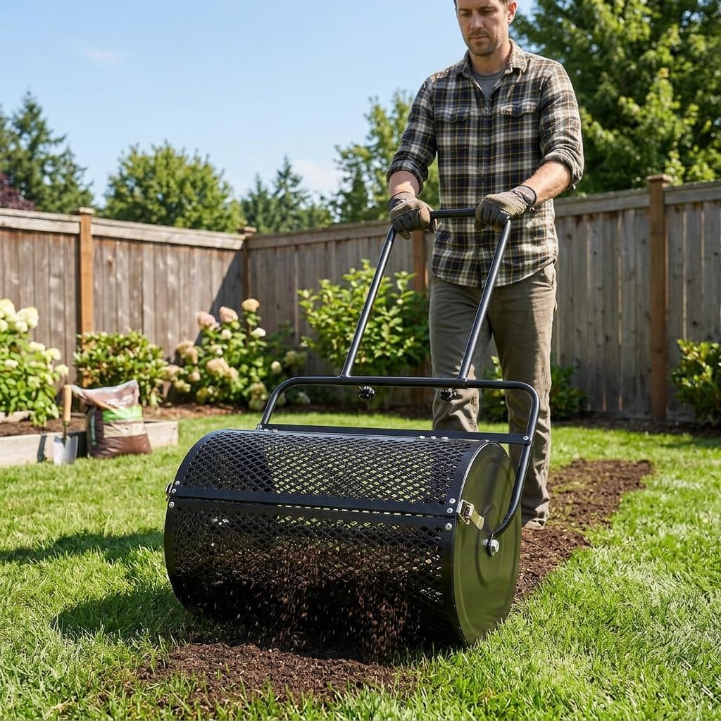 24" Lawn & Garden Compost Spreader – Strong Steel Roller for Peat Moss, Seed, and Fertilizer