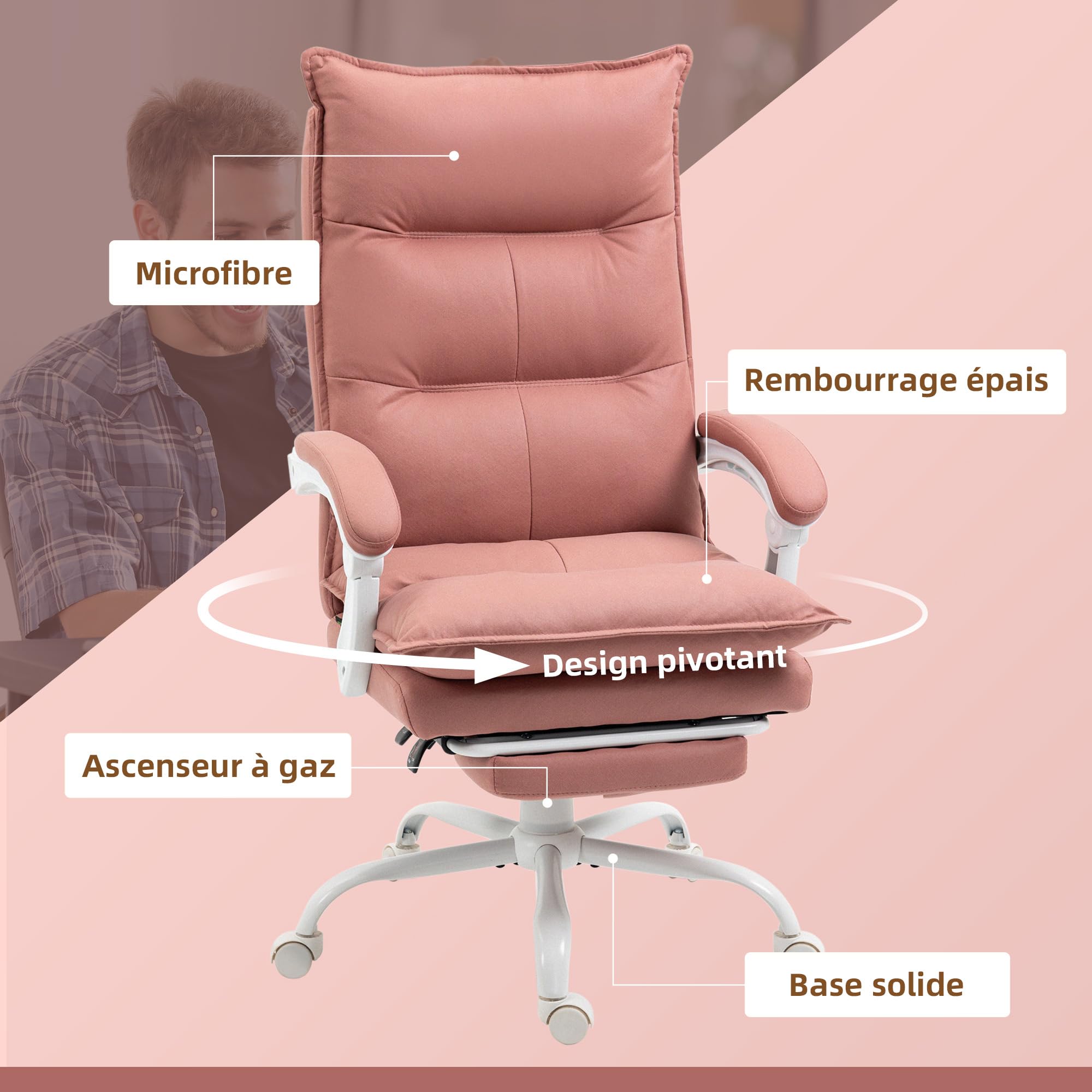 Vinsetto Fauteuil de Bureau Massant et Chauffant Hauteur Réglable Rose