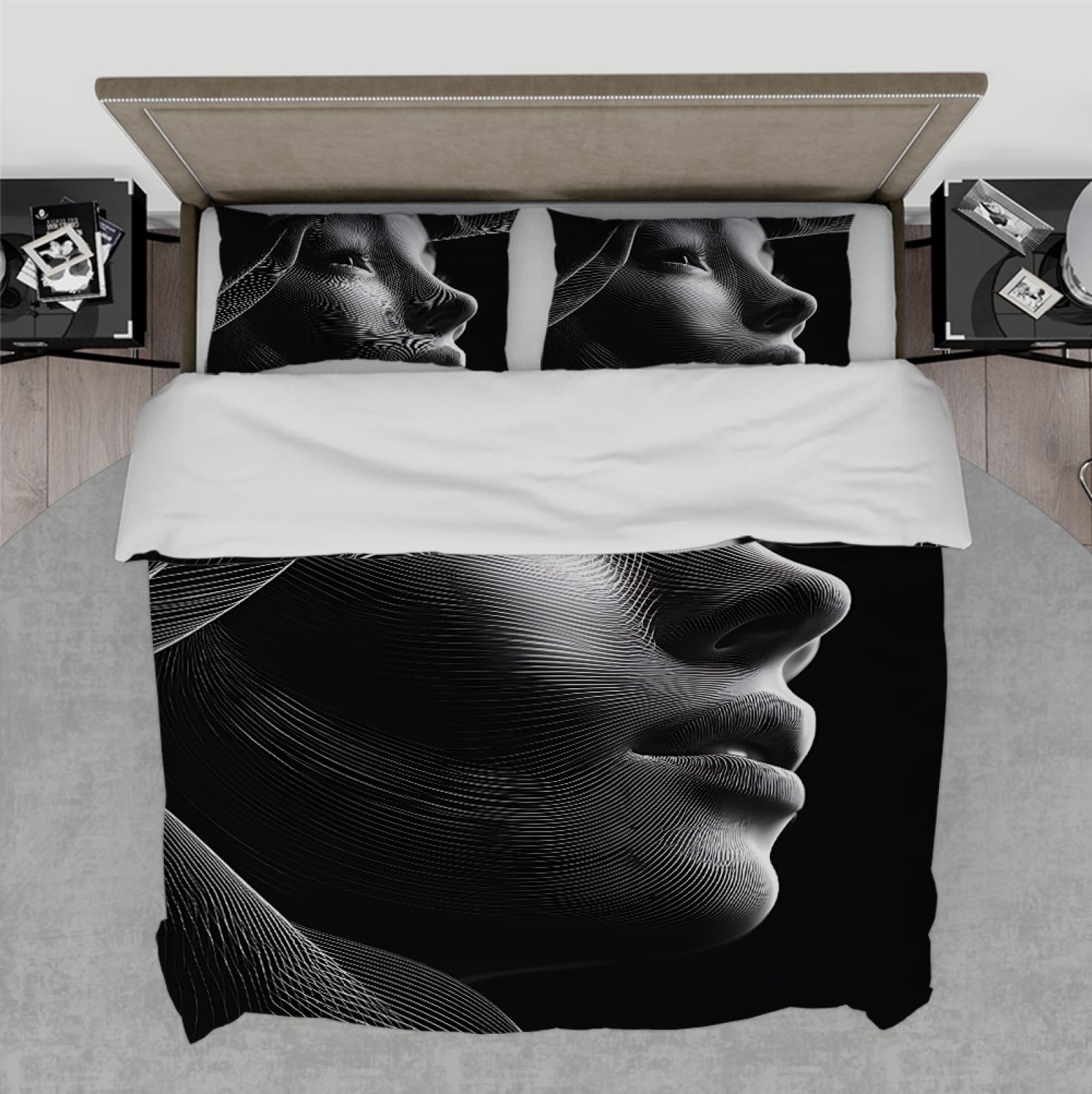 Housse de couette noire 240x260cm avec 2 taies d'oreiller motif portrait abstrait moderne