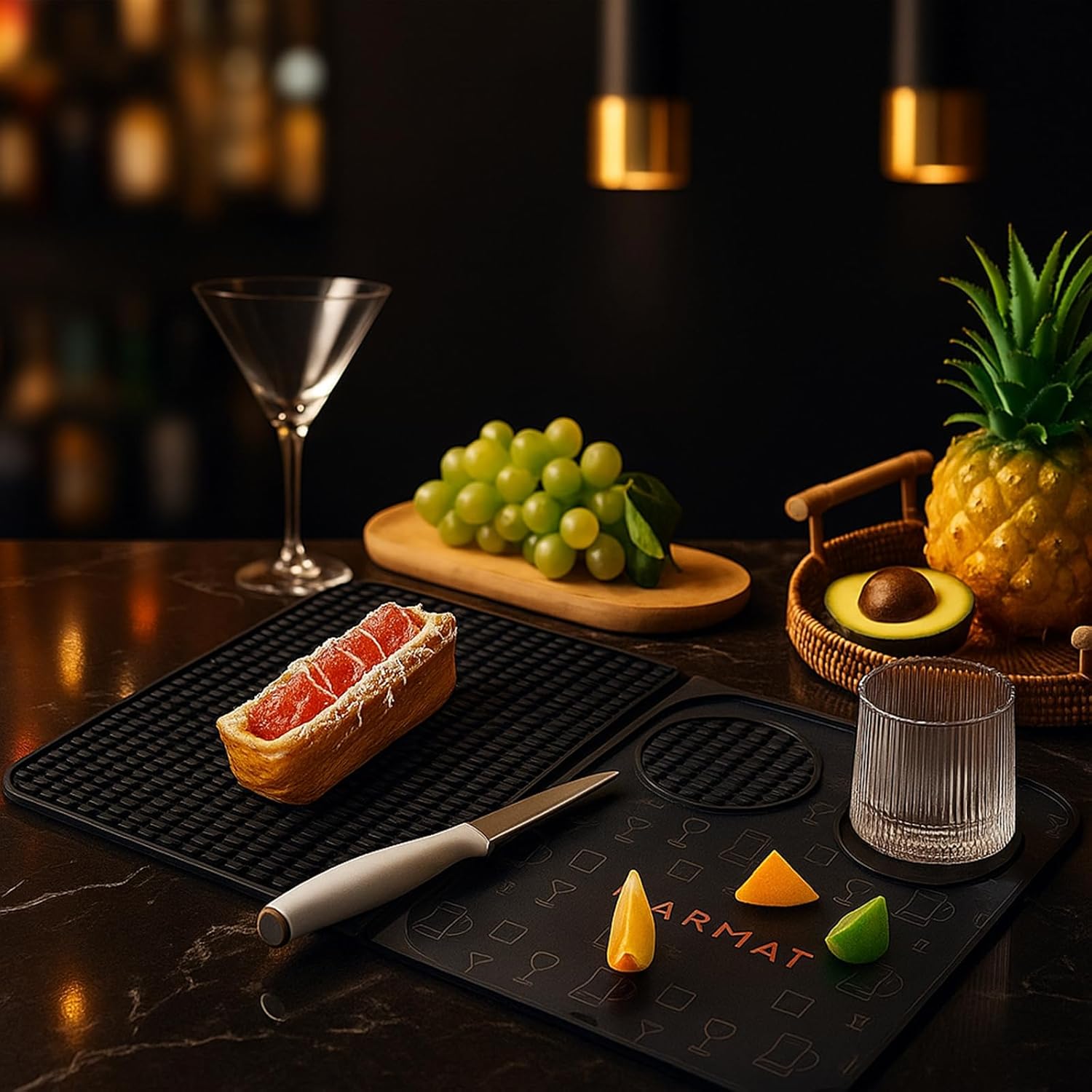 Tioncy 2 Pcs Bar Mats, Home Bar Accessories, Multifunctional Folding Cocktail Mat with Cutting Board, 18 x 12 Inch Drying Mat Non-Slip Silicone Board for Outdoor Countertop Camping, Picnic Black