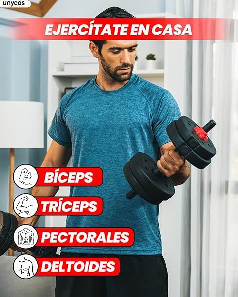 unycos - Mancuernas Ajustables【Discos de Cemento | 10-40 kg】con Barra Recta de Conexión | Pesas Ergonómicas para Hombres y Mujeres, Gimnasio en Casa, Fitness (Red/Orange Transformer) - 3