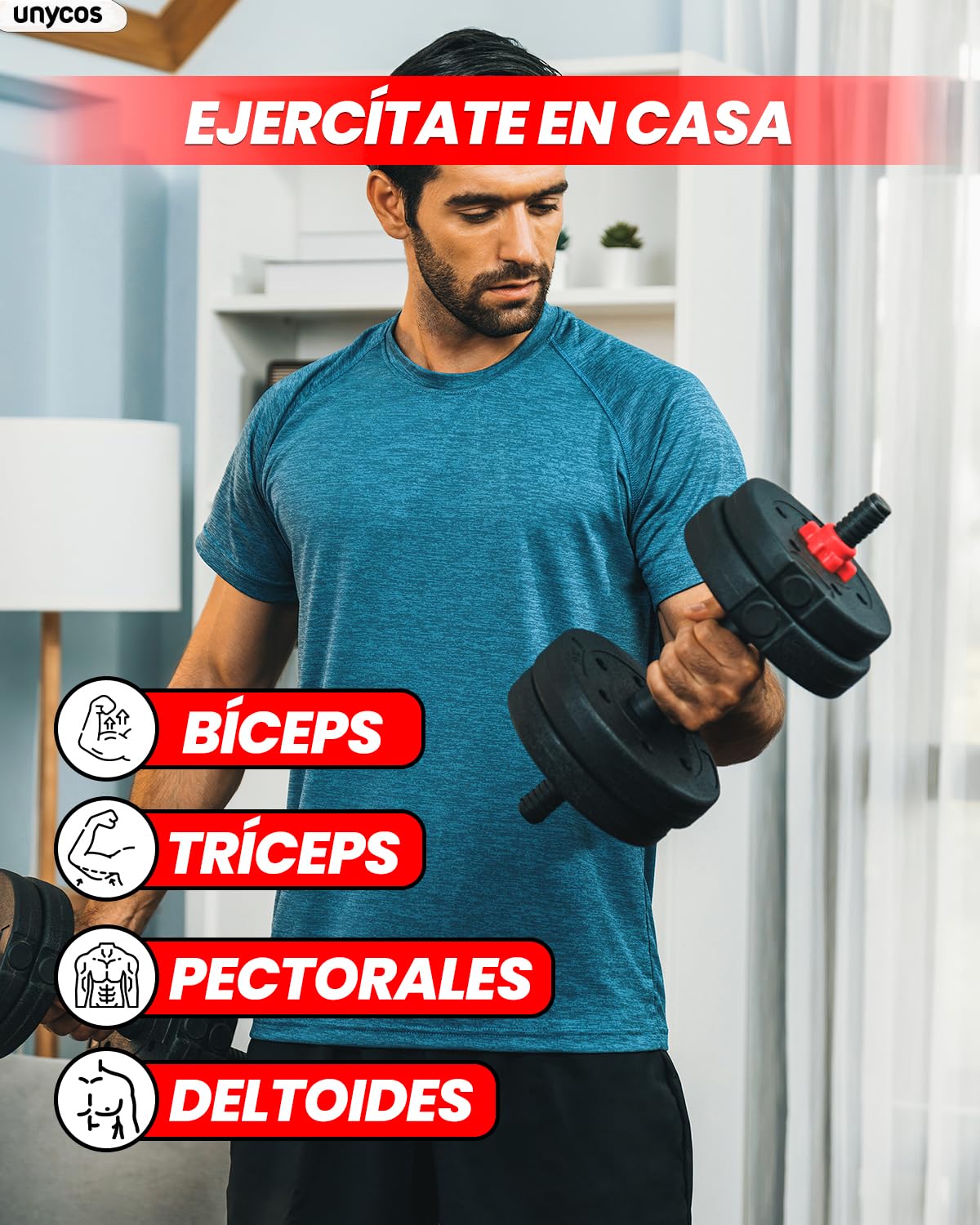 unycos - Mancuernas Ajustables【Discos de Cemento | 10-40 kg】con Barra Recta de Conexión | Pesas Ergonómicas para Hombres y Mujeres, Gimnasio en Casa, Fitness (Red/Orange Transformer) — view 3