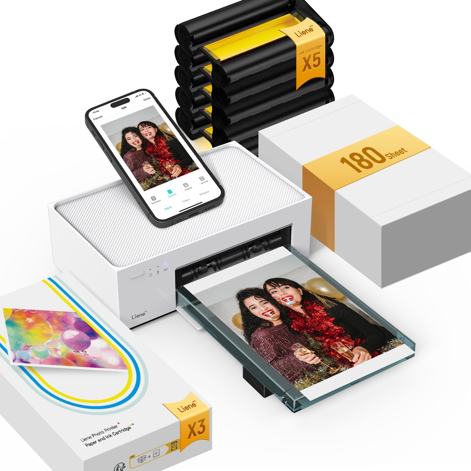 Liene M100 4x6'' Photo Printer Bundle (180 pcs +5 Ink Cartridges), Wi-Fi Picture Printer for iPhone, Android, Smartphone, Computer, Dye-Sublimation, Portable for Home Use