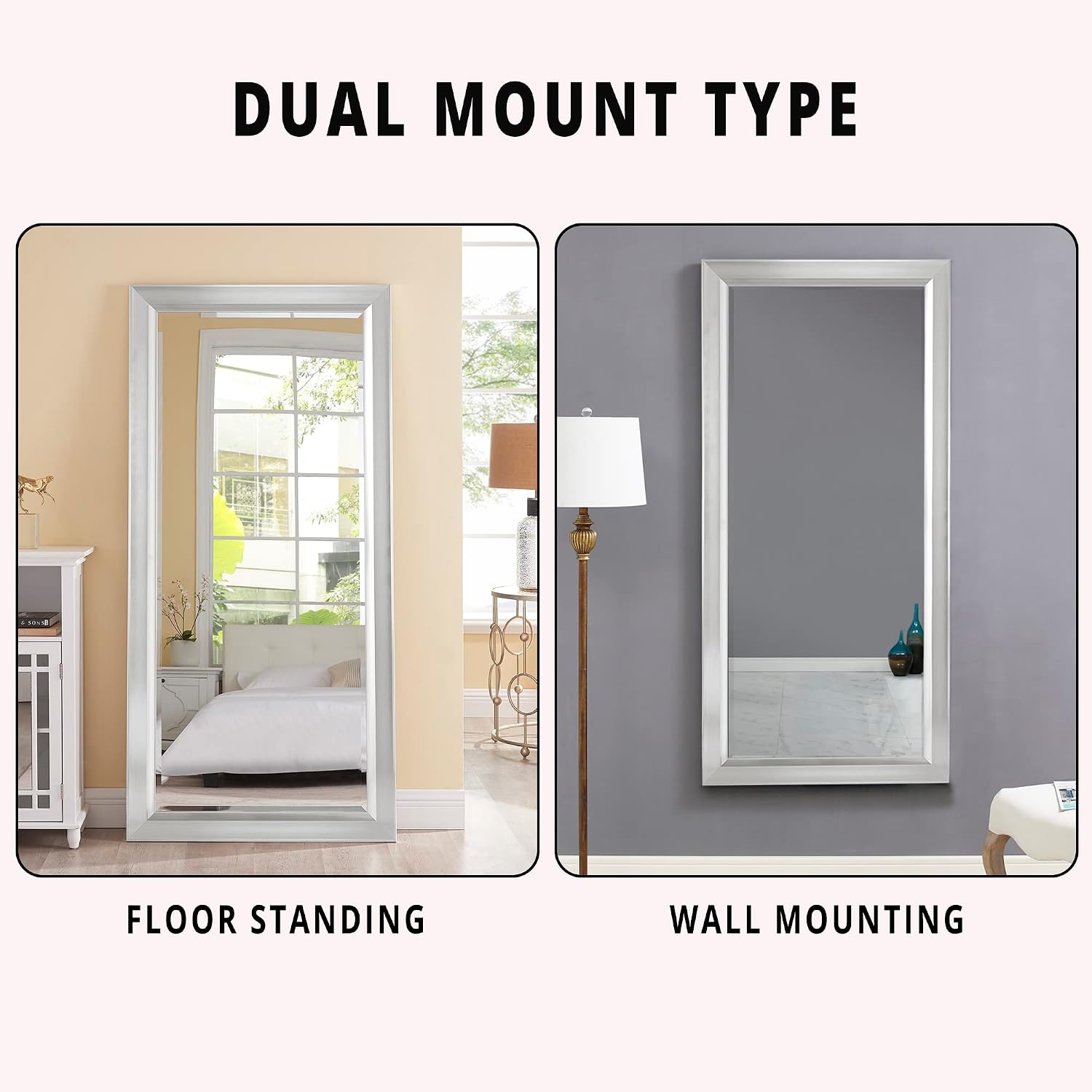 Framed Bevel Leaner Full Length Huge Floor Mirror XL Mirror Large Rectangle Standing Silver Floor Mirror Huge Mirrors for Bedroom Oversize Mirrors for Floor XL Floor Mirror - Silver, 66" L x 32" W