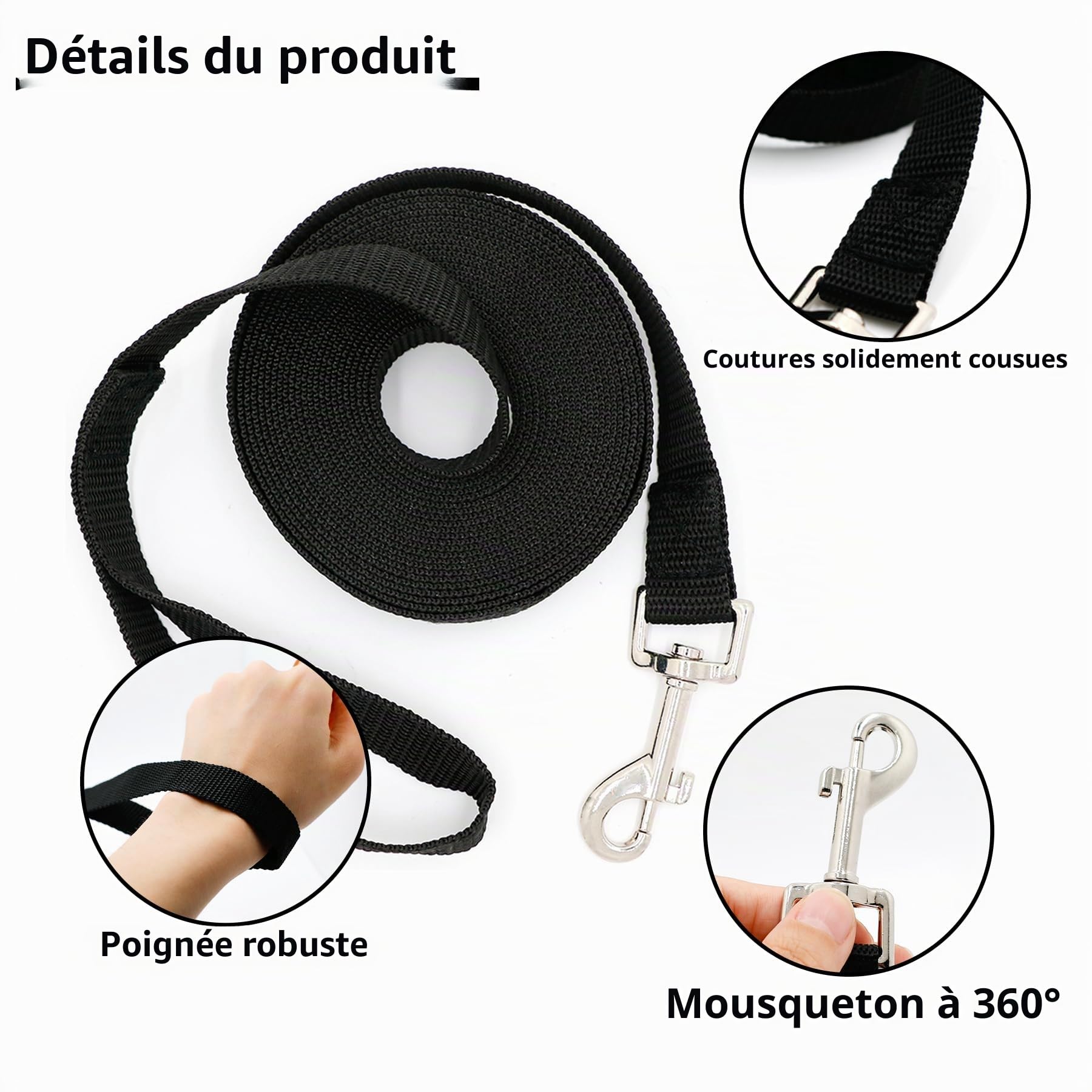 Laisse pour chien 5 m de CiciIng, Laisse imperméable avec dragonne et mousqueton à 360°, Laisse robuste pour l'entraînement pour chiens de petite, moyenne et grande taille