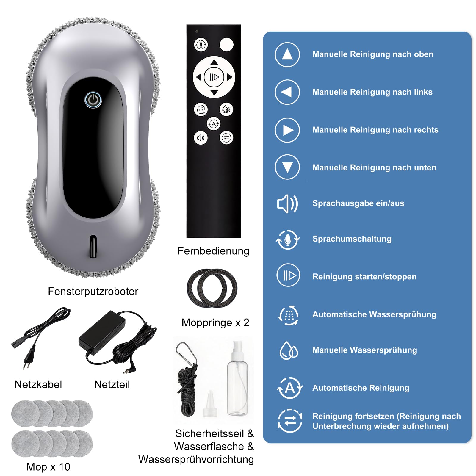 Fensterputzroboter, 6000Pa, Doppel‑Sprühfunktion, für Fenster, Glastüren