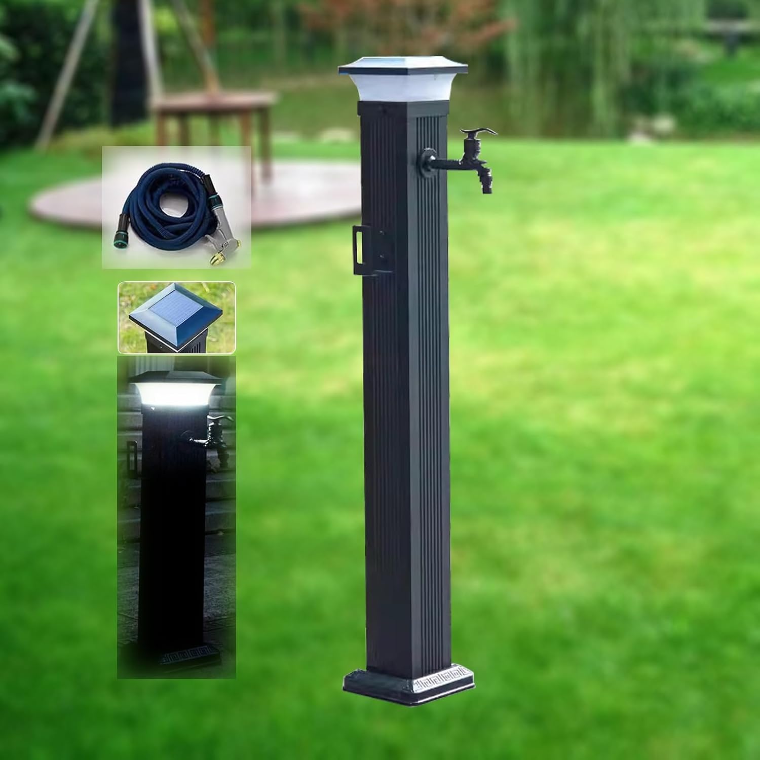 Solar LED Water Column, Outdoor Freestanding Faucet with Spray Gun, Freeze-Proof Garden Hydrant Spigot, 104CM Tall, Stylish & Functional Watering Solution