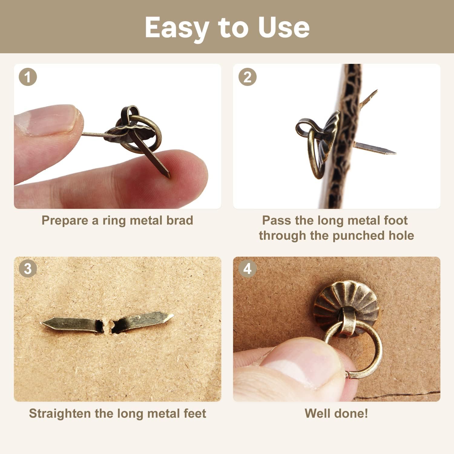 MroMax 50Pcs Metal Brad Fasteners Mini Pull Ring Handle, Lightweight Vintage Decorative Fasteners for Craft Boxes, Drawers, Journals, Cards and Scrapbooks, Bronze