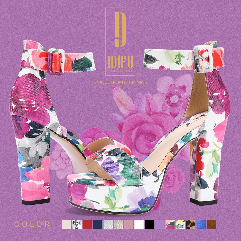 IDIFU IN5 Sabrina Platform Block Chunky High Heels Ankle Strap Heeled Sandals Sexy Wedding Party Dress Shoes for Women Open Toe Heels: 5 Floral Purple