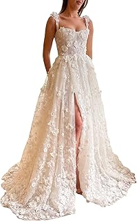 A Line Lace Tulle Wedding Dresses for Bride 2025 Spaghetti Straps Corset Ball Gowns with Split SF068 - Buy now