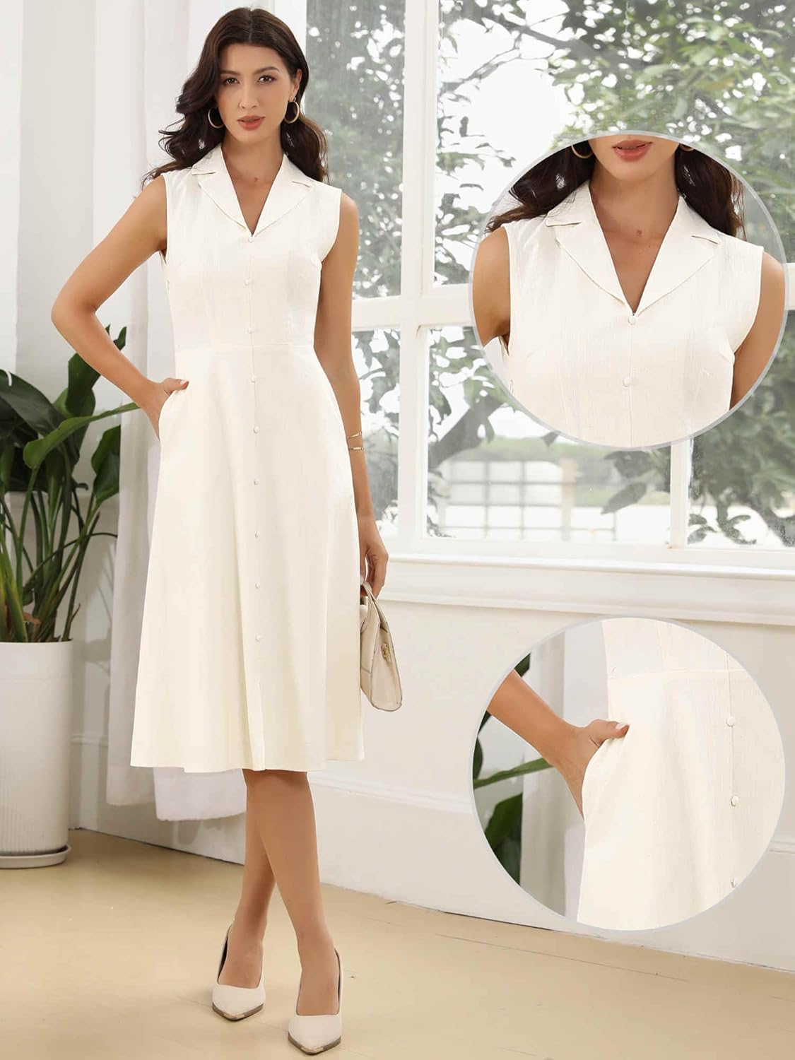 Allegra K Cotton Linen Dress for Women's Summer Sleeveless Lapel Collar Casual A Line Midi Dress - Image 4