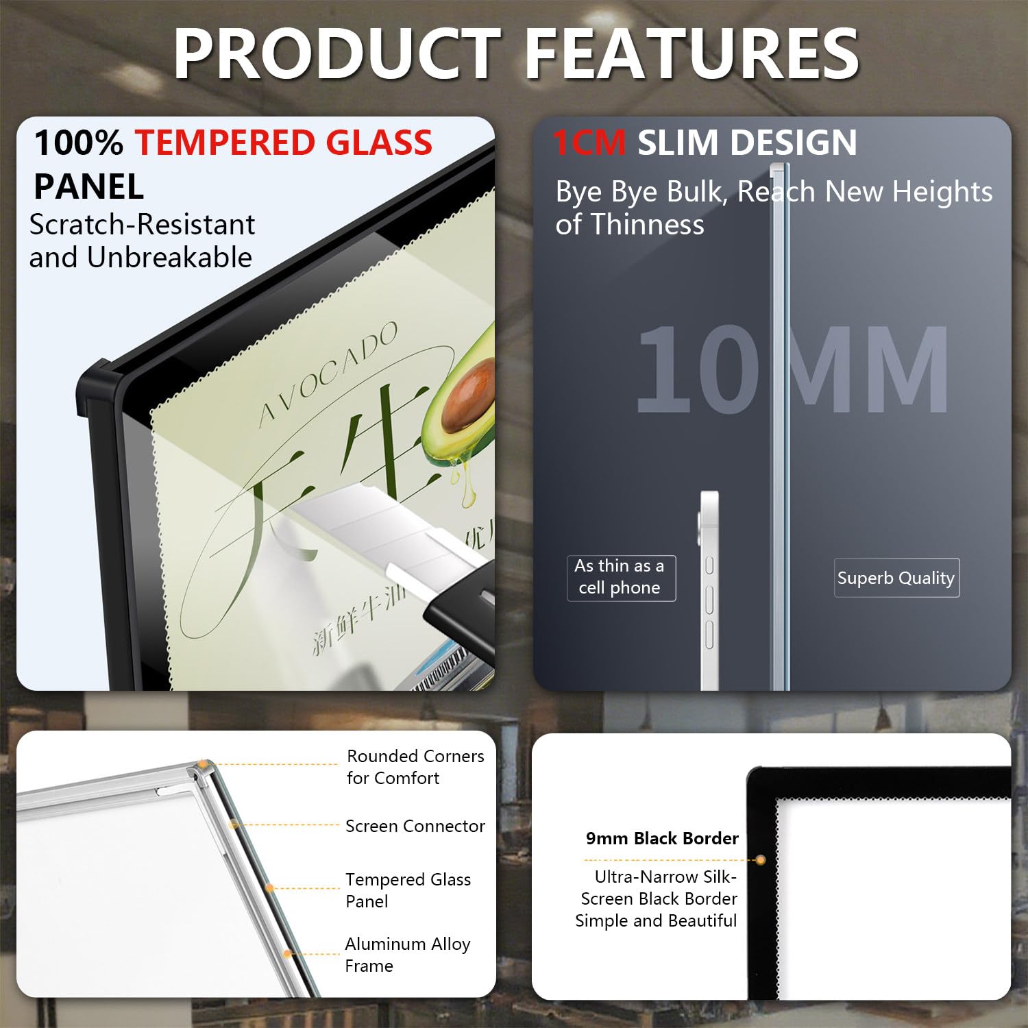 Marco De Póster LED, Tablero De Menú LED, Diseño Delgado De 1 Cm, Brazo Retráctil De 50-95 Cm, Ajustable De 0 a 90°, Montaje En Pared/Techo, para Restaurantes Vertical-1PCA4(22.5 * 30.4CM)