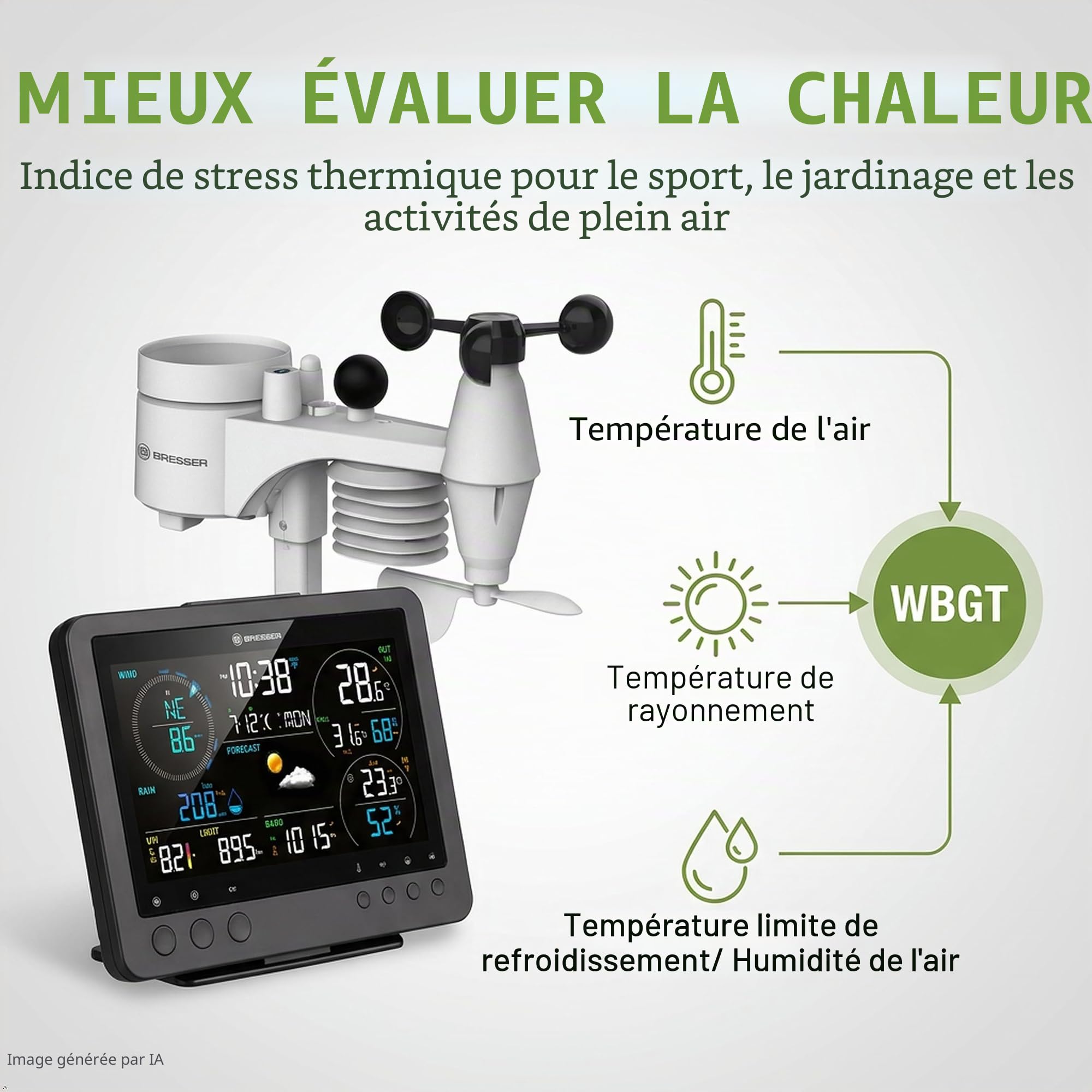 Bresser Station météo WiFi avec capteur 8-en-1 pour WBGT, UV, vent, pluie, lumière, pression, climat intérieur, prévision | Bresser Bise Station météo sans fil professionnelle Wifi 8 en 1