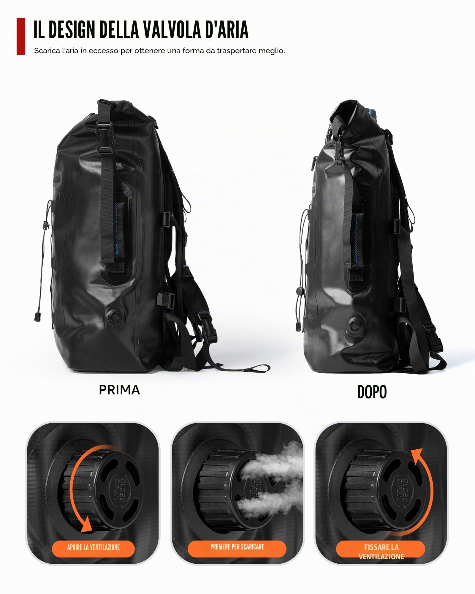 Grapelet Zaino moto impermeabile 40L utilizzabile per biciclette con spallacci removibili con tasche laterali PVC500D nero pioggia neve e protezione fango
