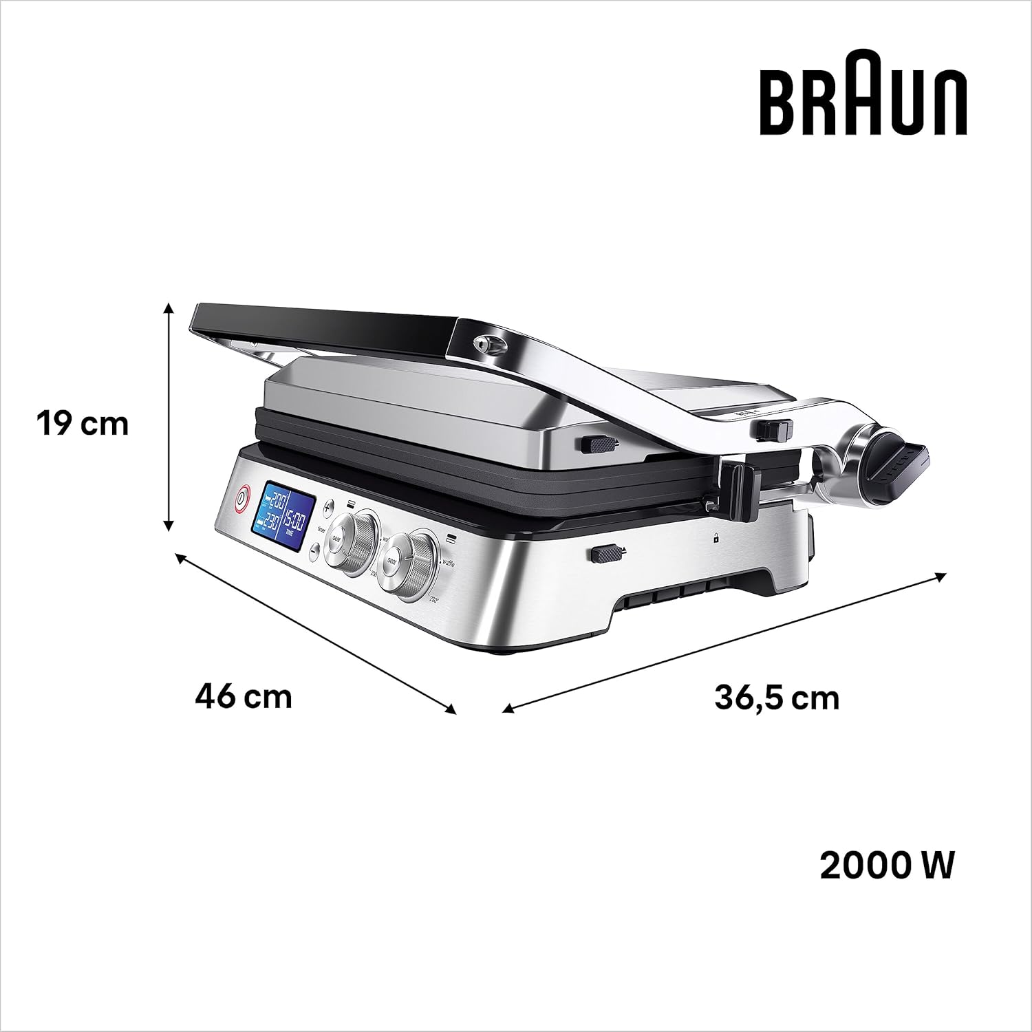 Diagram showing the dimensions of the Braun MultiGrill 9 CG 9047: 46 cm length, 36.5 cm width, 19 cm height, and 2000W power.