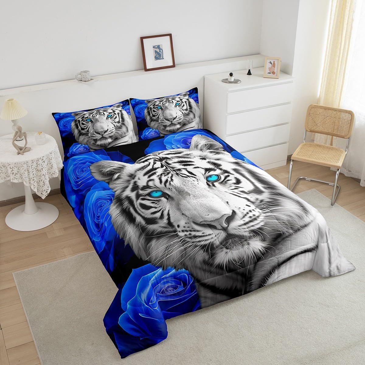 White Tiger Kids Comforter Set Queen Size,Blue Flowers Romantic Rose Floral Bedding Set for Adult Women,3D Wild Animal Africa Style Luxury Bed Duvet Insert, 2 Pillowcases - Image 5