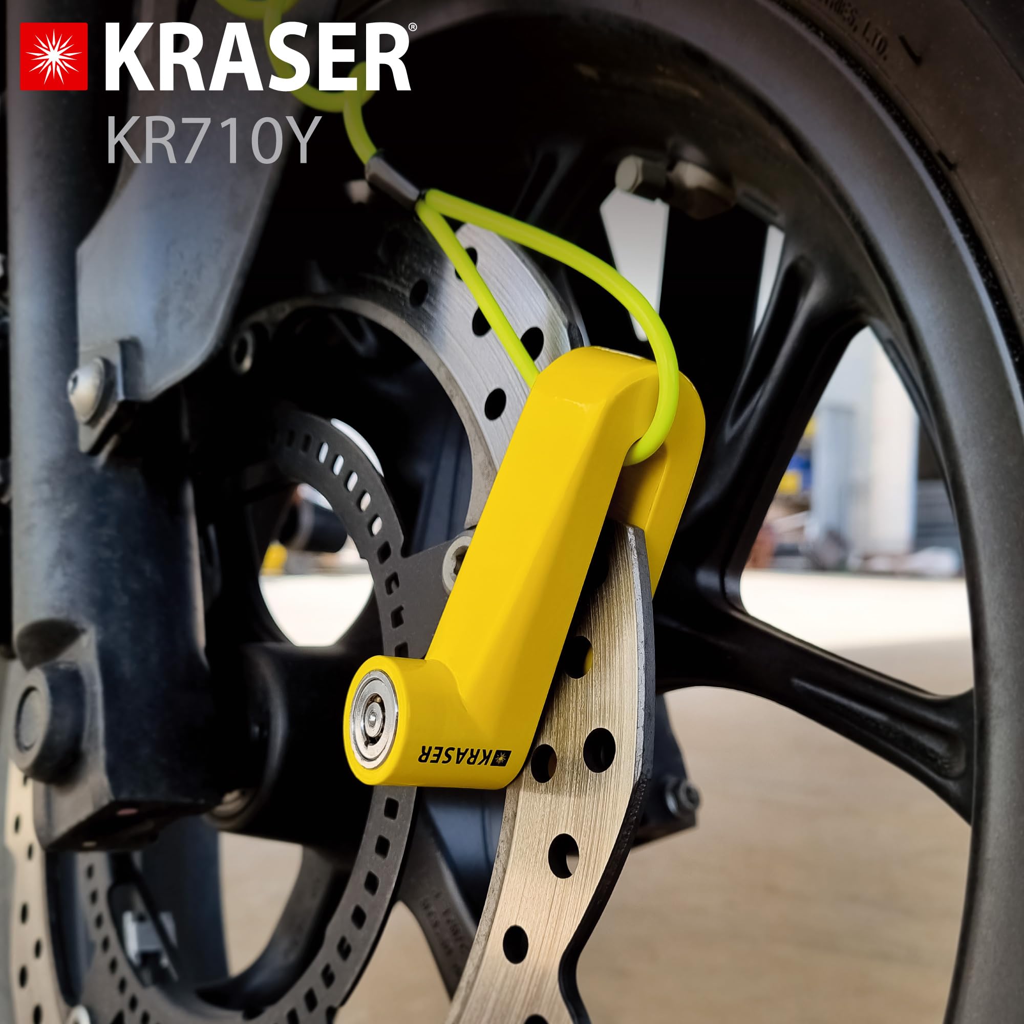 KRASER KR710Y Bloccadisco per Moto, Giallo ø10mm Più Deterrente, Serratura Anti-trapano, Sicurezza Compatta Facile da Trasportare, Lucchetto Antifurto Moto, Scooter, Bicicletta Elettrica, Monopattino
