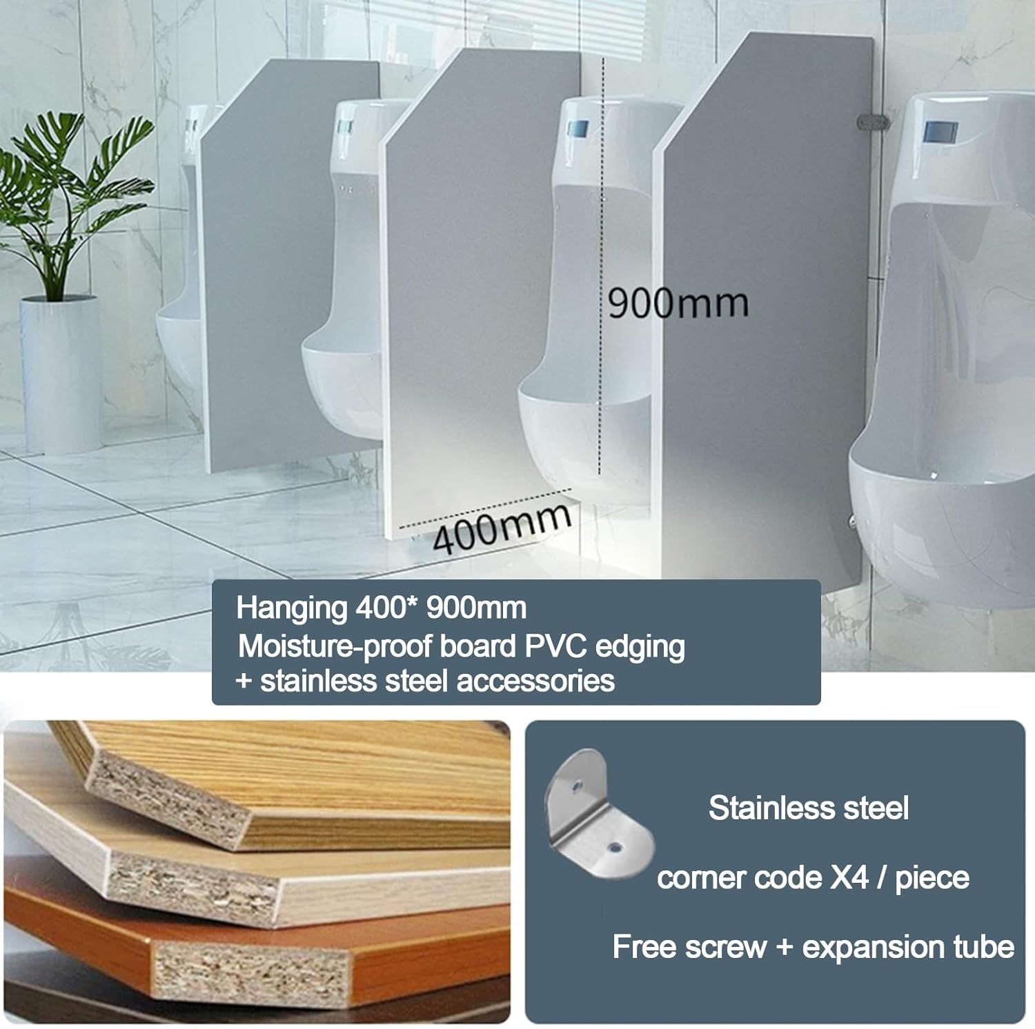 Wall-Mounted Men's Urinal Divider Partition,Urinal Toilet Privacy Screen,Urinal Accessories with Stainless Steel Corner Code,for Schools/kindergartens/Shopping Malls/Public Places