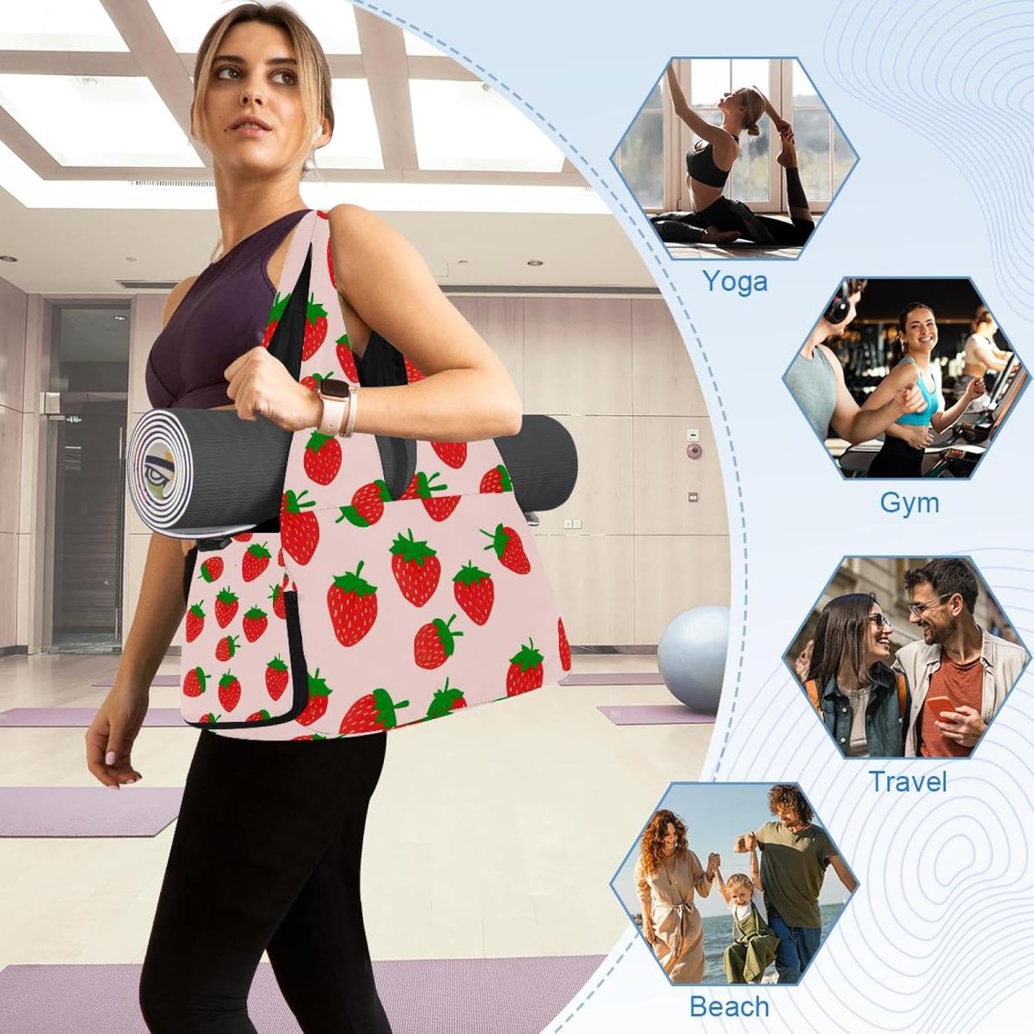 Yoga Mat Bag, Gym Workout Bag with Shoe Compartment, Red Cherry Pilates Bag for Women, Quick Access Storage Yoga Tote Bag for Sports Travel Office