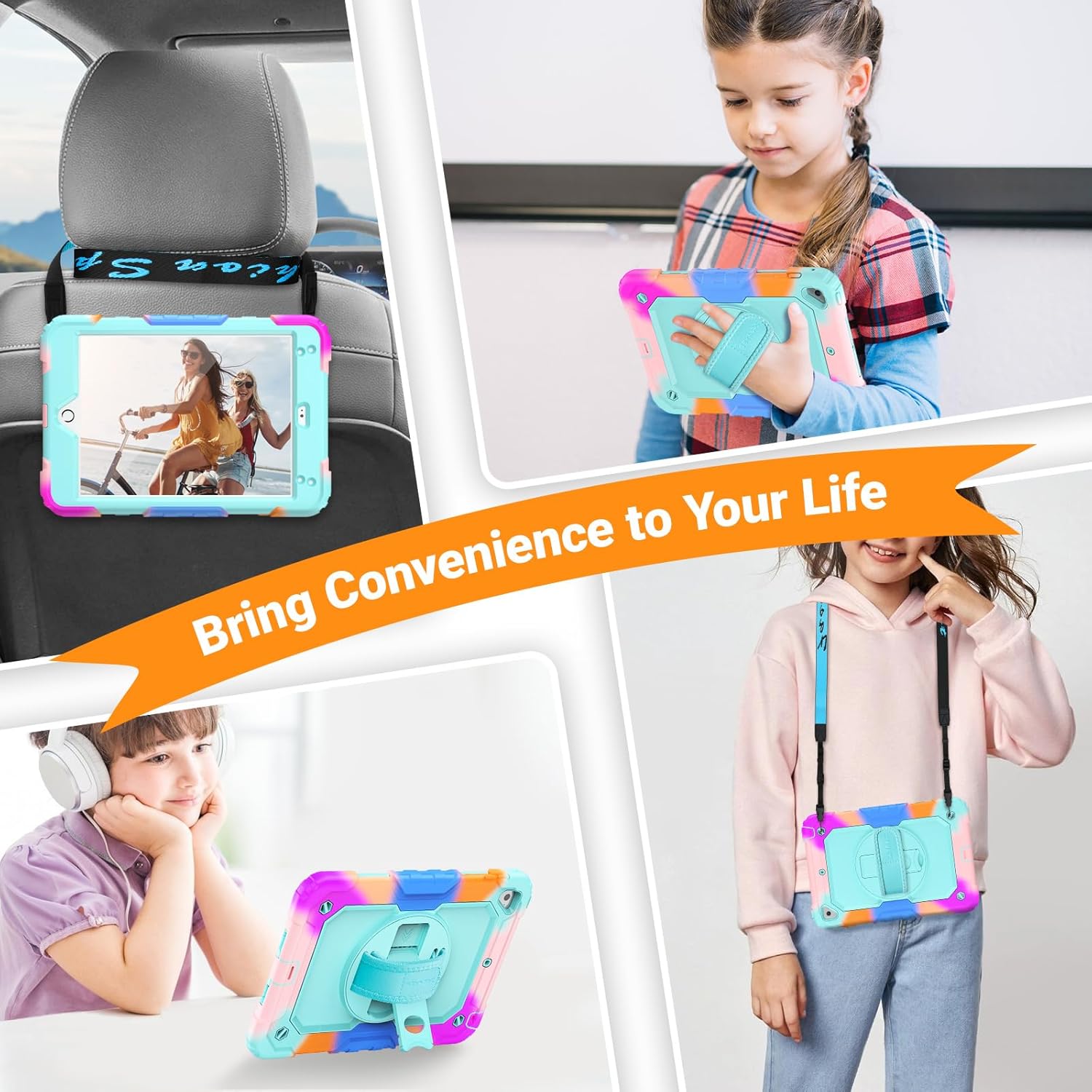 SEYMAC for iPad mini 5/ Mini 4 Case 7.9 Inch, Sturdy Heavy Duty Shockproof Full-Body Protective Case with Screen Protector, Rotating Stand, Hand/Shoulder Strap for iPad mini 5th/4th Gen, Camo/SkyBlue