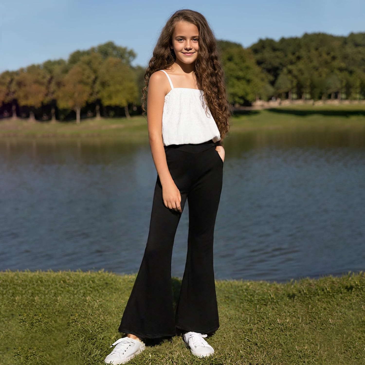 Girls Flare Leggings, Crossover Mid Waist Yoga Pants with Pockets, Kids Black Split Hem Bell Bottom Active Pants - Image 3