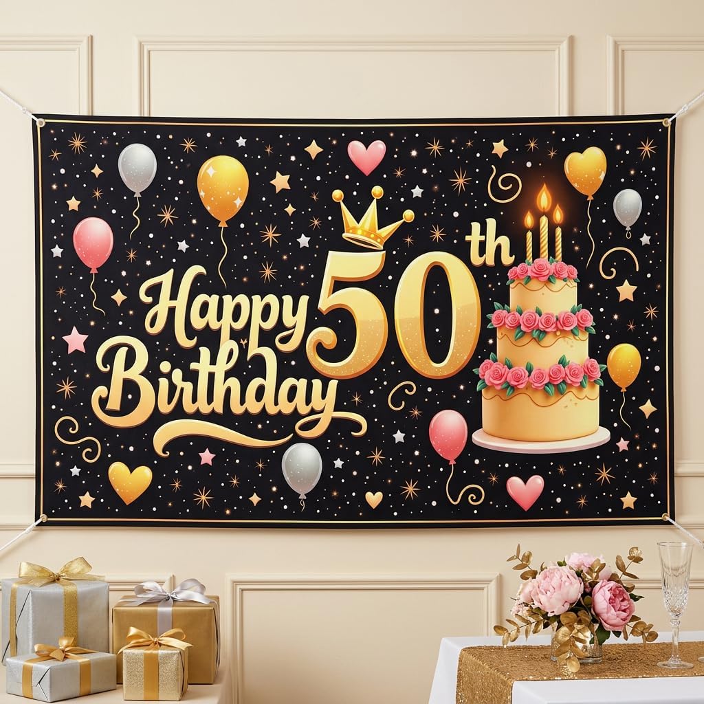Black and Gold 50th Birthday Banner Backdrop - 70.9 x 43.3 Inch