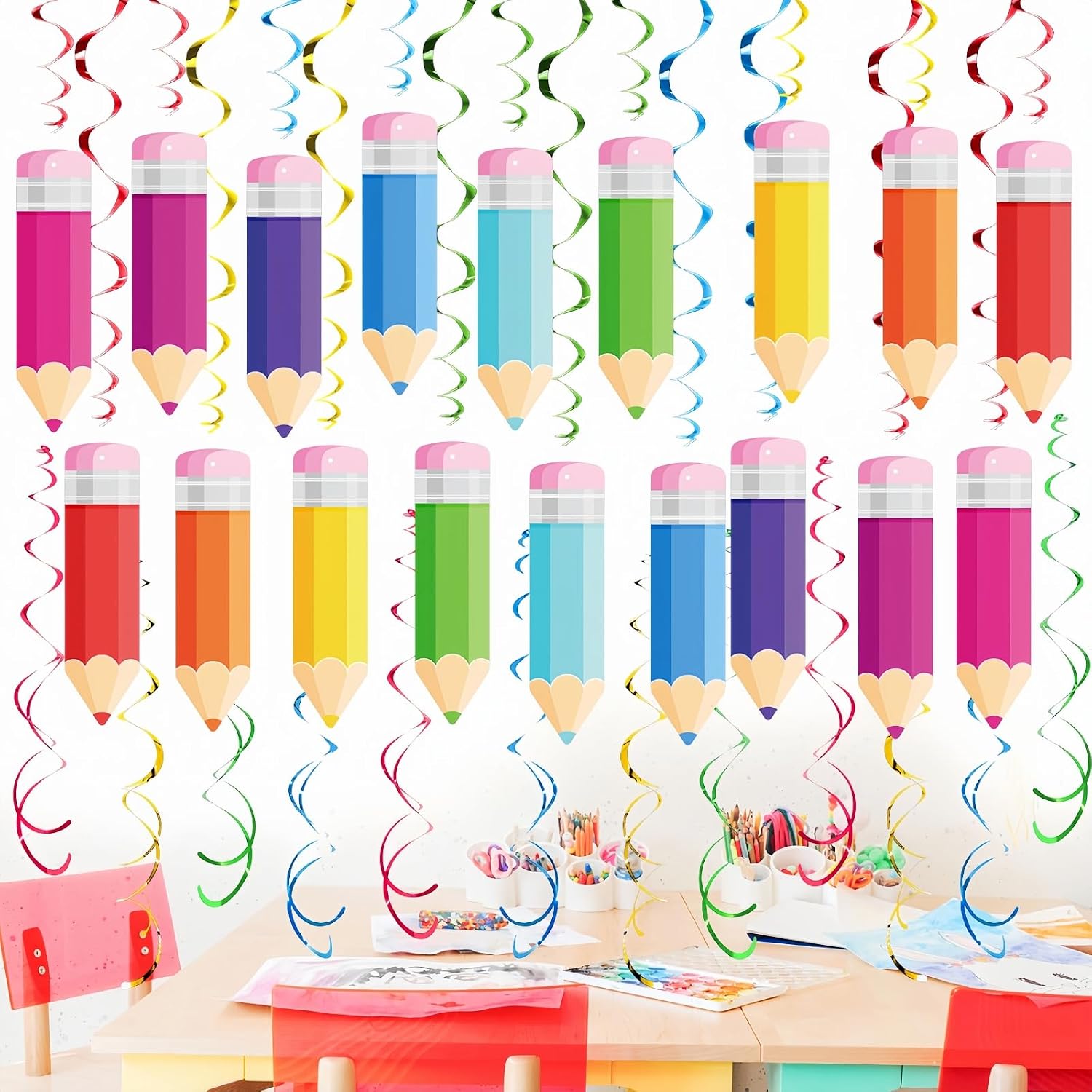 YVAINE 48Pcs Back to School Pencil Hanging Swirl Decorations,Welcome Back to School Foil Ceiling Swirls Colorful Pencil Classroom Hanging Decor for First Day of School Party Supplies Decorations