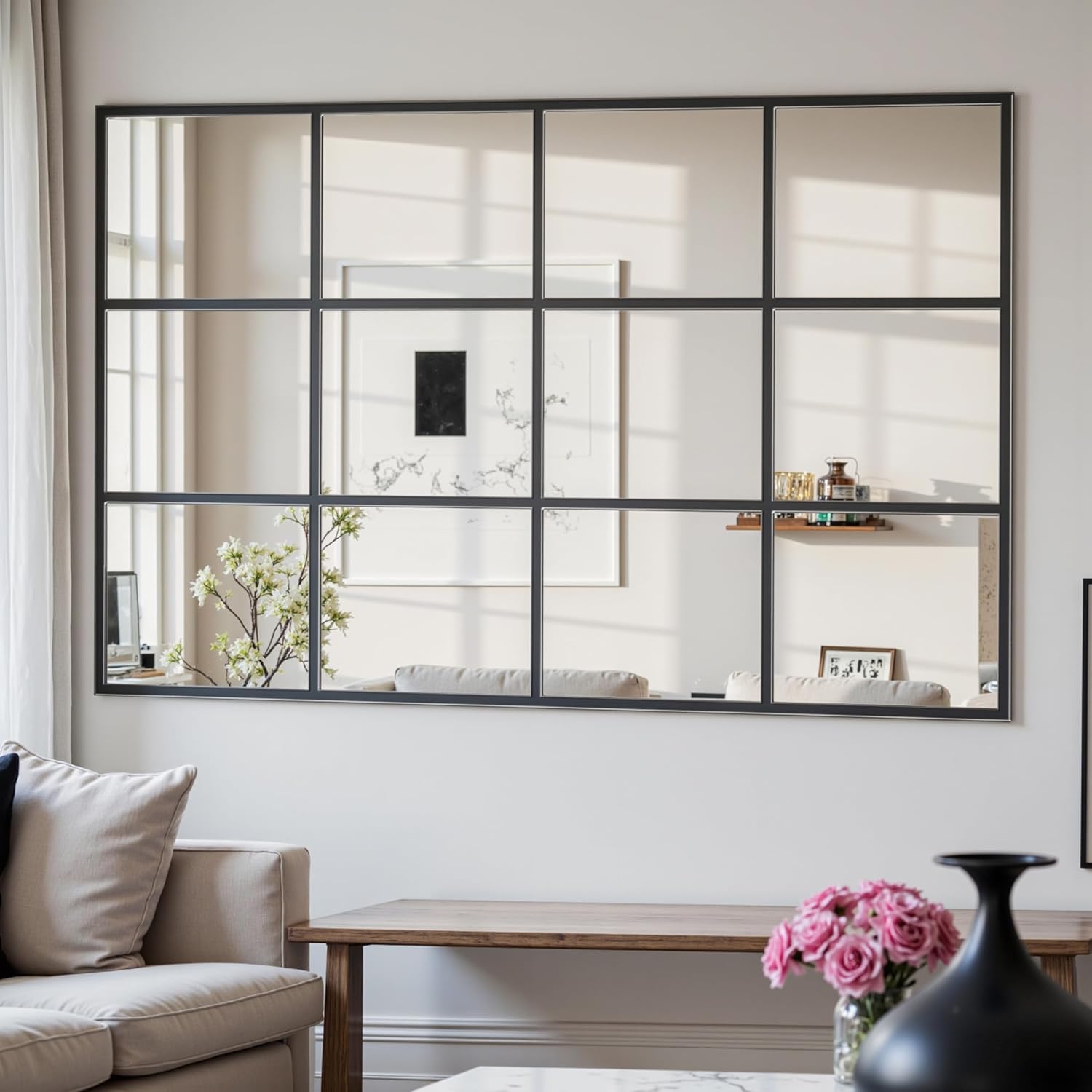 suidia wall mirror, 36" x 55" window decorative mirrors, metal framed wall decor wall-mounted mirrors for bedroom, living room, entryway, black 55"l x 36"w rect style black
