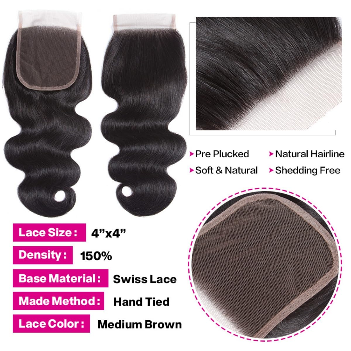 Bundles with Closure Human Hair Body Wave Bundles Human Hair with 4x4 Lace Closure 100% Unprocessed Virgin Hair Extensions Natural Color (14" 14" 14" + 10" Closure)