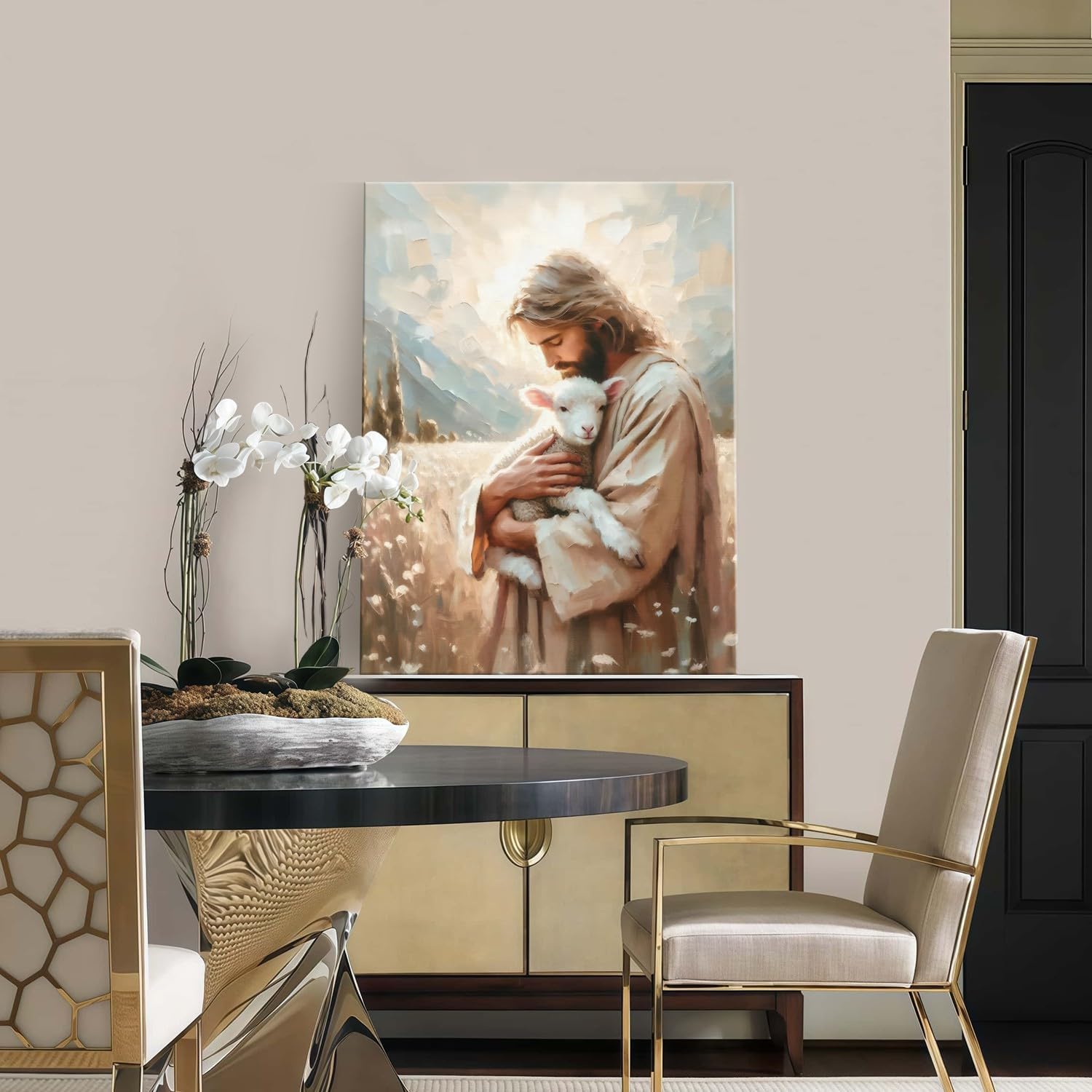 Framed Jesus and Lamb Wall Art Christian The Lost Lamb Wall Decor the Good Shepherd Print Poster Jesus Leaves the 99 Sheep Painting for Living Room Church Prayer Room 16x24 inch Ready to Hang