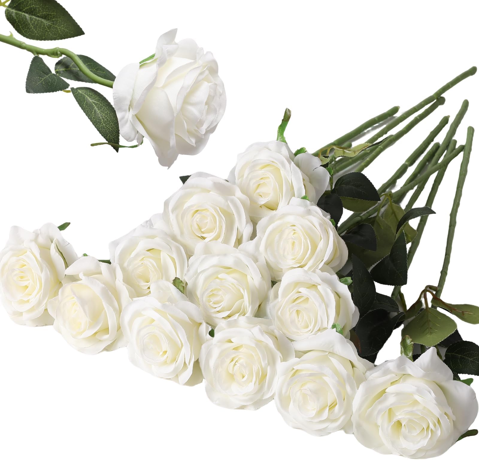 Hawesome 12PCS Artificial Silk Flowers Realistic Roses Bouquet Long Stem for Home Wedding Decoration Party (White, 12Pcs Flowers)